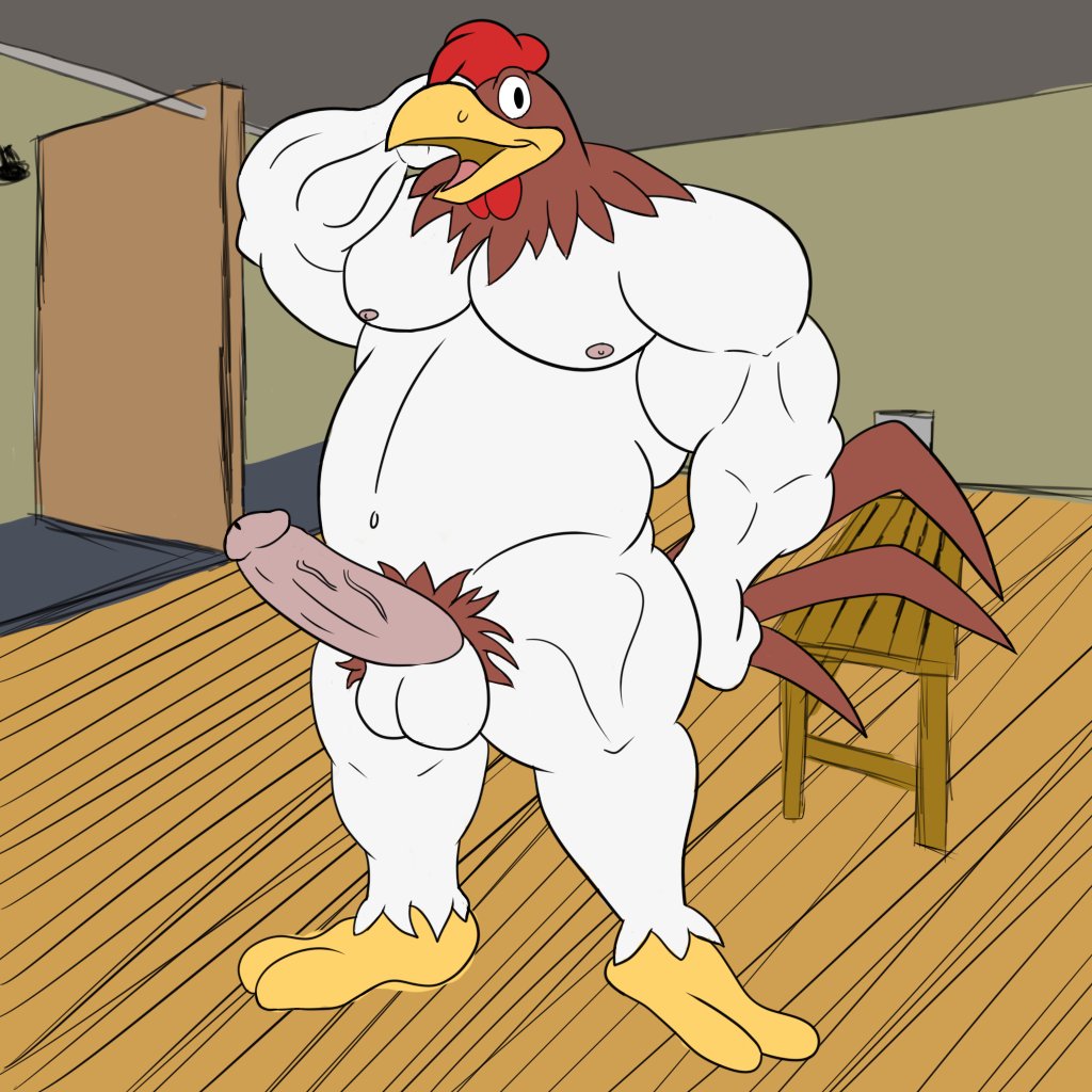 anthro avian big_penis bird chicken dominant dominant_male foghorn_leghorn galliform gallus_(genus) genitals looney_tunes male muscle_bird muscular obito_(obitothewolf) pecs penis phasianid soft_feathers warner_brothers