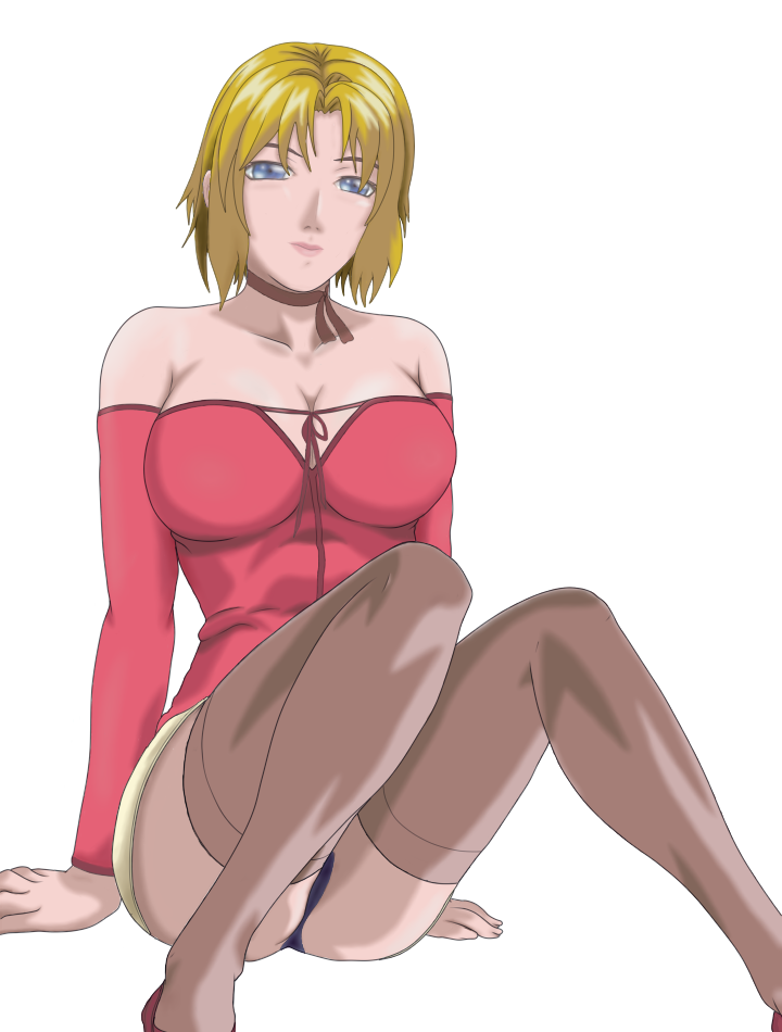 belt bible_black big_breasts blonde_hair blue_eyes breasts cross_earrings dress head_on kitami_reika kneeling lips neck_strap nipples nude nude_female open_hands shin_bible_black shoes skirt