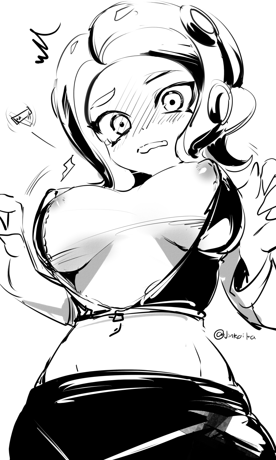 agent_8_(splatoon) blush blush_lines breasts cropped_legs inconvenient_breasts jinko_uraaka jinkoika large_breasts looking_at_viewer looking_down monochrome nintendo nipples octoling octoling_girl partially_clothed ripped_clothing ripped_shirt signature splatoon splatoon_(series) splatoon_2 textless