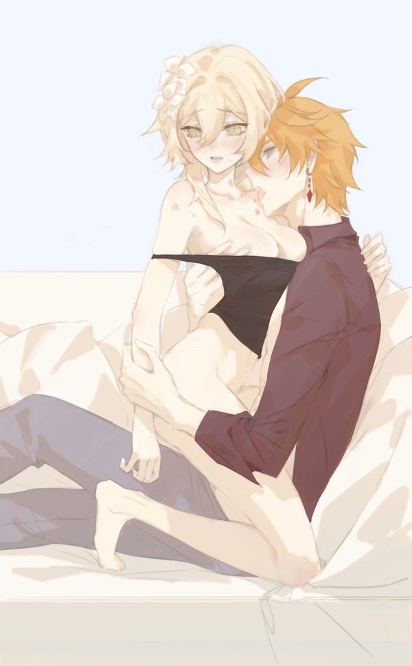 1boy, 1girls, blonde hair, blue eyes, blush, bottomless, breasts, childe (genshin impact), cleavage, crop top, fanon couple, female, genshin impact, ginger, gold eyes, hands on breasts, hickey, hickey marks, hoyoverse, lumine (genshin impact), male, mihoyo, petite, straddling, straight, tartaglia (genshin impact)
