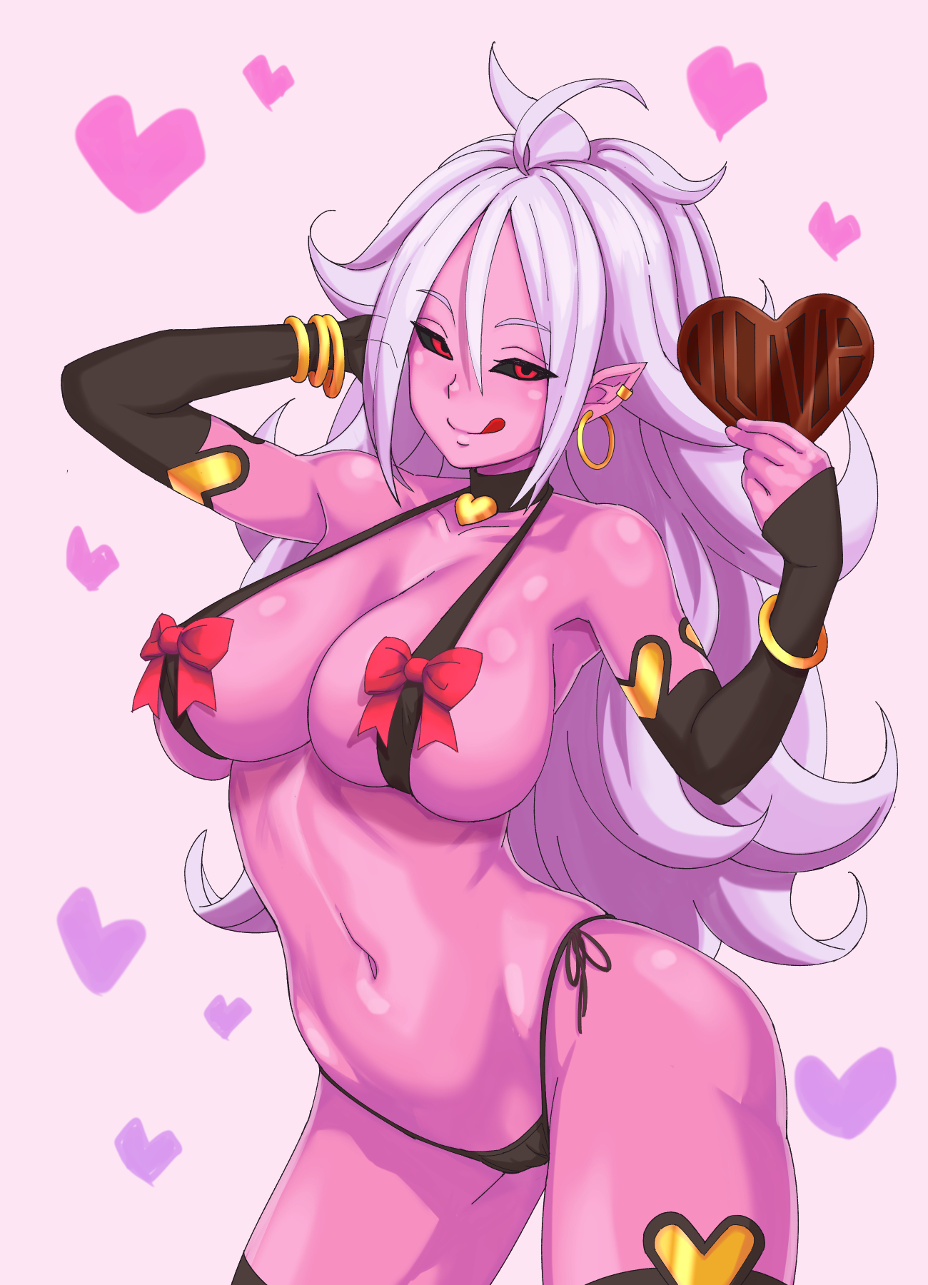 :p, 1girls, ahoge, android 21, arm up, arm warmers, bikini, black bikini, blush, bow, box, bracelet, breast squeeze, breasts, candy, chocolate, chocolate heart, choker, cleavage, den'en, dragon ball, dragon ball fighterz, ear piercing, earrings, female, food, gift, gift box, half-closed eyes, heart, heart background, heart choker, highres, hoop earrings, jewelry, large breasts, licking lips, long hair, looking at viewer, majin android 21, monster girl, naughty face, navel, panties, piercing, pointy ears, red bow, red eyes, seductive smile, shounen jump, side-tie bikini, side-tie panties, skindentation, sling bikini top, smile, solo, stomach, swimsuit, thigh strap, thighhighs, tongue, tongue out, underwear, valentine, valentine's day, very long hair, white hair