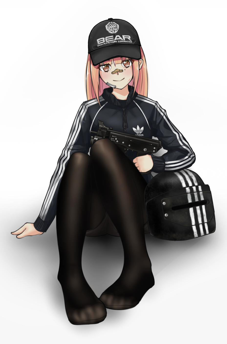 adidas bandage bandage_on_nose blush blushing coral_hair escape_from_tarkov firearm gun hat helmet helmet_removed jacket long_hair mole_under_eye pantyhose pinkish_orange_hair questionable safe slavic streetwear