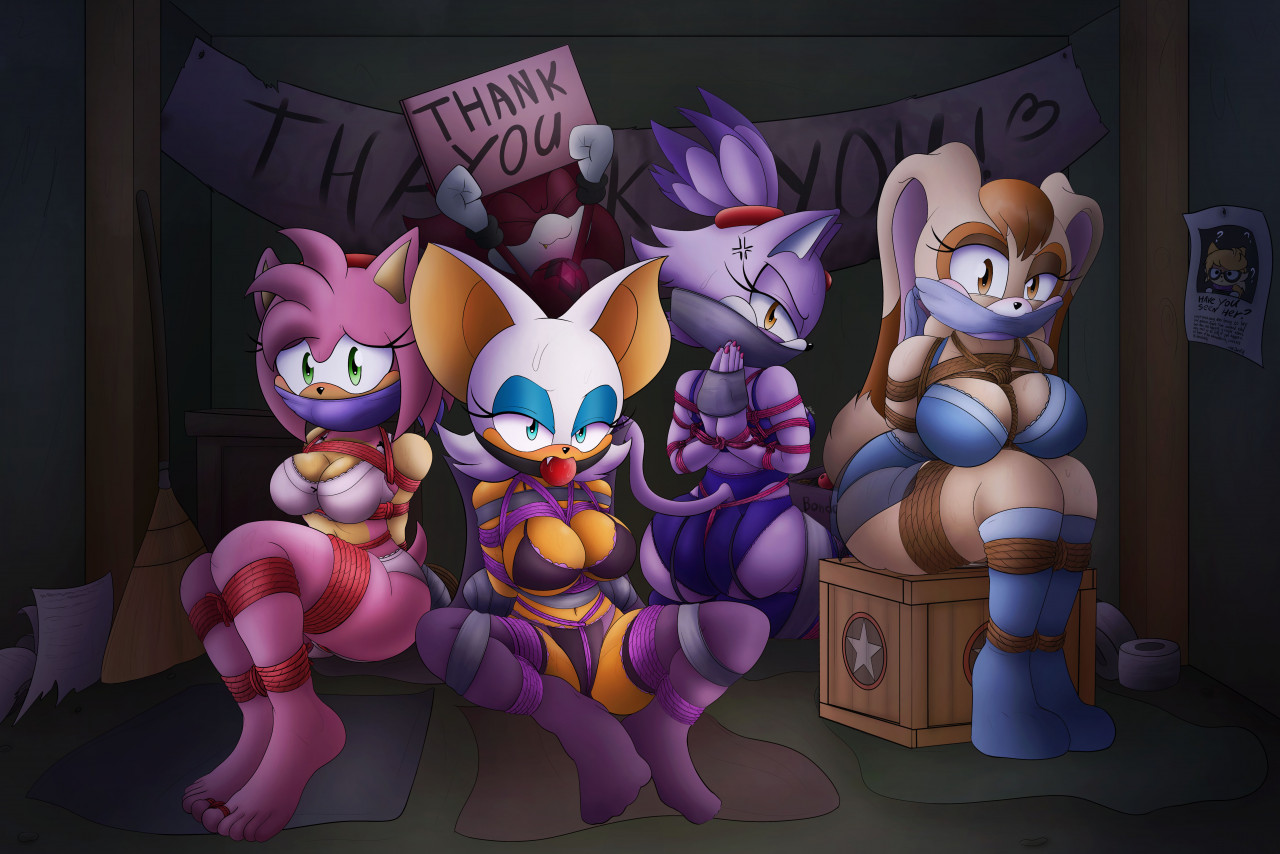 4girls, amy rose, anthro, arms behind back, arms tied, arms tied behind back, ass, ball gag, big breasts, blaze the cat, bondage, bound, bound ankles, bound arms, bound legs, bound wrists, bra, breasts, cloth gag, clothed, clothed female, darkman-zero, female, female focus, femsub, gag, gagged, lingerie, looking at viewer, looking back, milf, multiple females, multiple girls, multiple subs, panties, rope, rope bondage, rope harness, rouge the bat, socks, sonic (series), sonic the hedgehog (series), stockings, submissive, submissive female, tape, tape bondage, taped hands, thighhighs, underwear, vanilla the rabbit