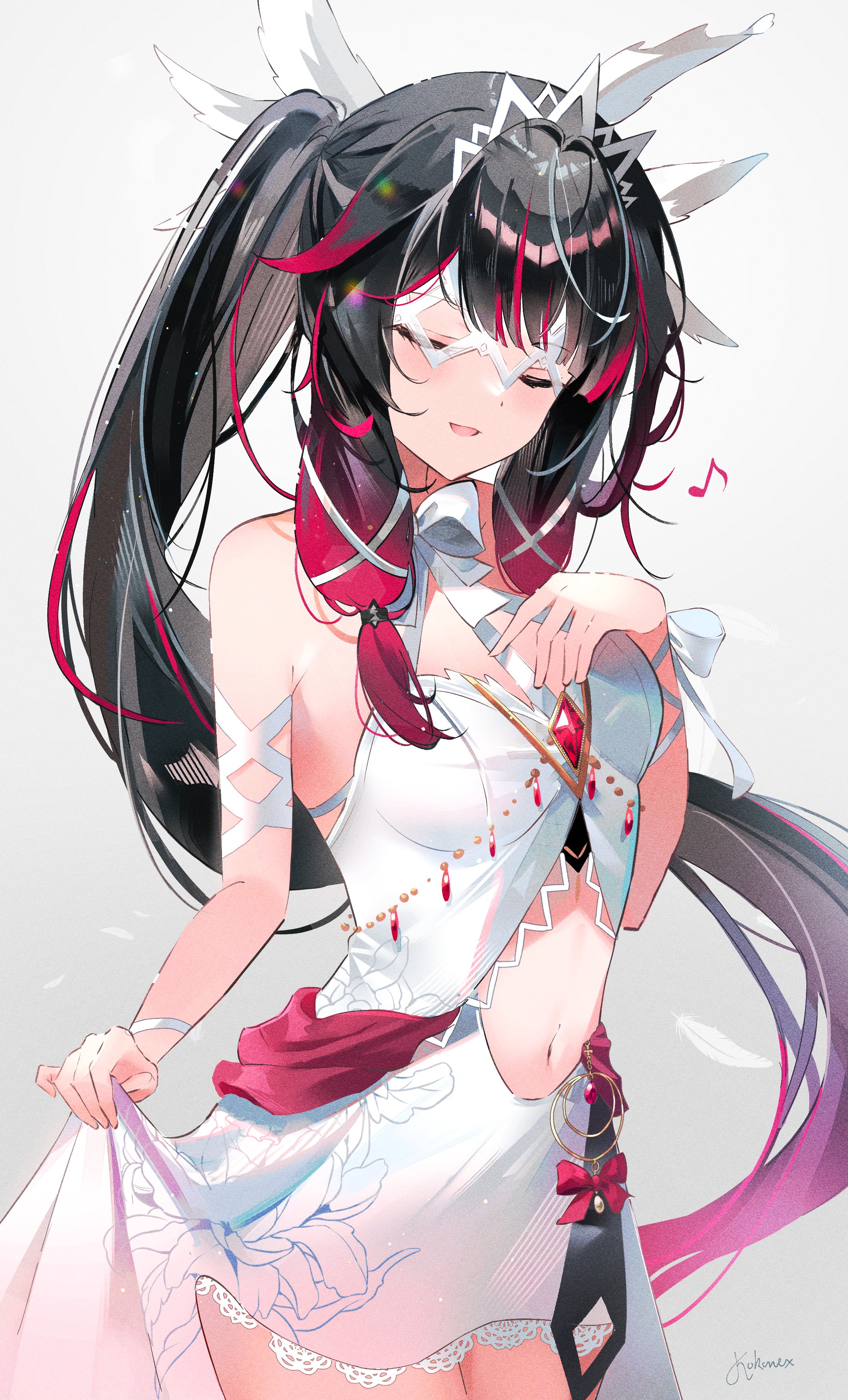 1girls, belly, belly button, closed eyes, columbina (genshin impact), dress, exposed shoulders, fatui, female, genshin impact, kokonexu, petite, petite body, shoulders, solo, solo female, thick thighs, thighs, tummy