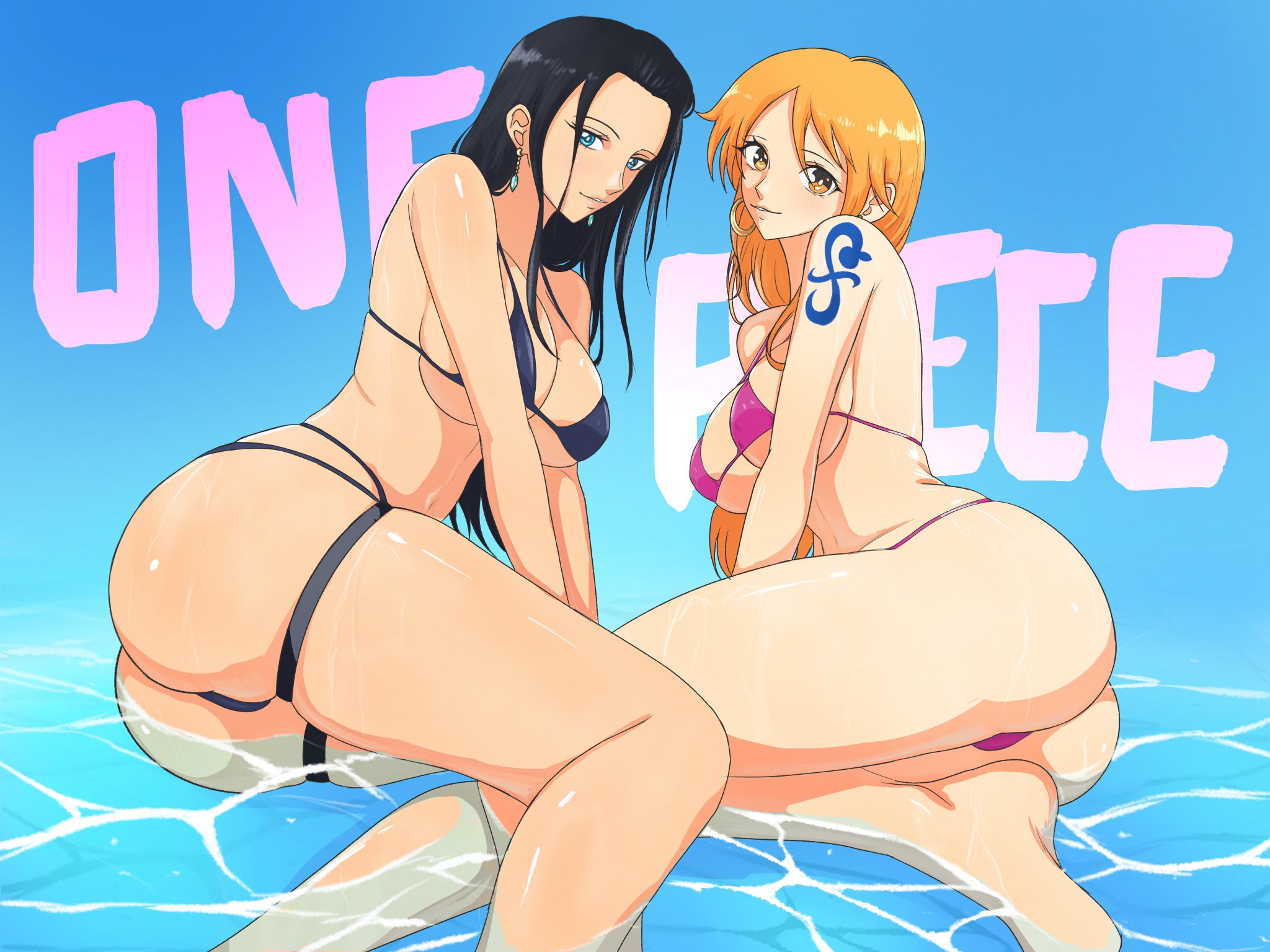 2girls, arm tattoo, ass, ass focus, big ass, big breasts, bikini, black bikini, black hair, black-haired female, blue eyes, blue tattoo, breasts, brown eyes, curvy, ear piercing, earrings, female, female only, fit female, long hair, looking at viewer, lying on side, micro bikini, nami (one piece), nico robin, one piece, opalisart, orange hair, orange-haired female, pink bikini, posing, post-timeskip, presenting hindquarters, shoulder tattoo, sideboob, tattoo, thick thighs, thong, underboob, voluptuous, voluptuous female, water