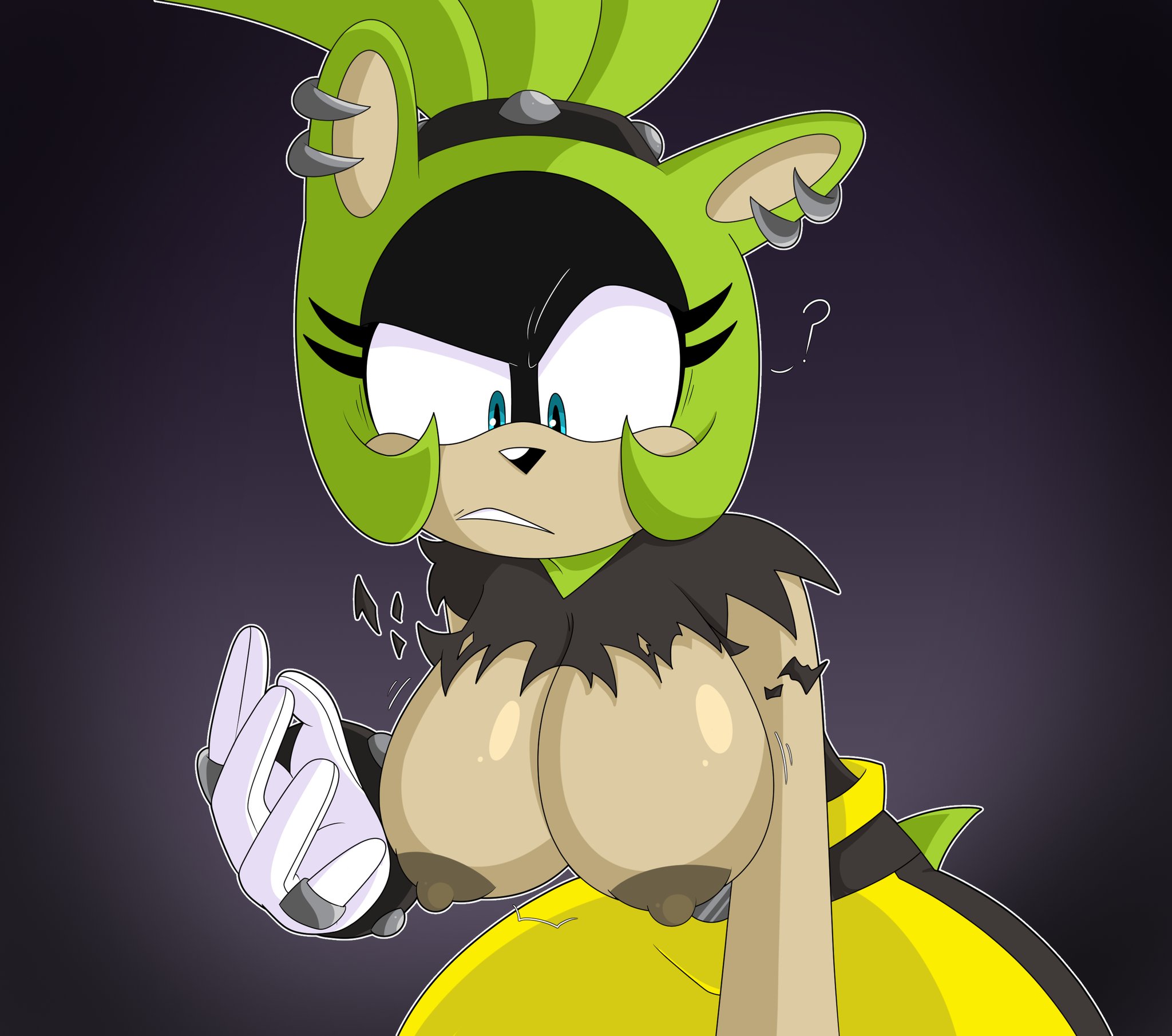 1girls, afrosoricid, anthro, areola, areolae, big breasts, black body, black fur, blakeynsfw, blue eyes, bottomwear, breasts, clothing, confusion, ear piercing, ear ring, exposed breasts, eyelashes, facial markings, female, female only, fur, gloves, green body, green fur, green hair, grey areola, grey background, grey clothing, grey nipples, grey topwear, hair, handwear, head markings, hi res, idw comics, idw publishing, mammal, markings, mobian (species), nipples, pants, piercing, ponytail, question mark, ring, ring piercing, sega, simple background, solo, sonic (series), sonic the hedgehog (comics), sonic the hedgehog (idw), sonic the hedgehog (series), studded bracelet, studded hairtie, surge the tenrec, tan body, tan fur, tenrec, topwear, torn clothes, torn clothing, wardrobe malfunction, white clothing, white gloves, white handwear, yellow bottomwear, yellow clothing, yellow pants