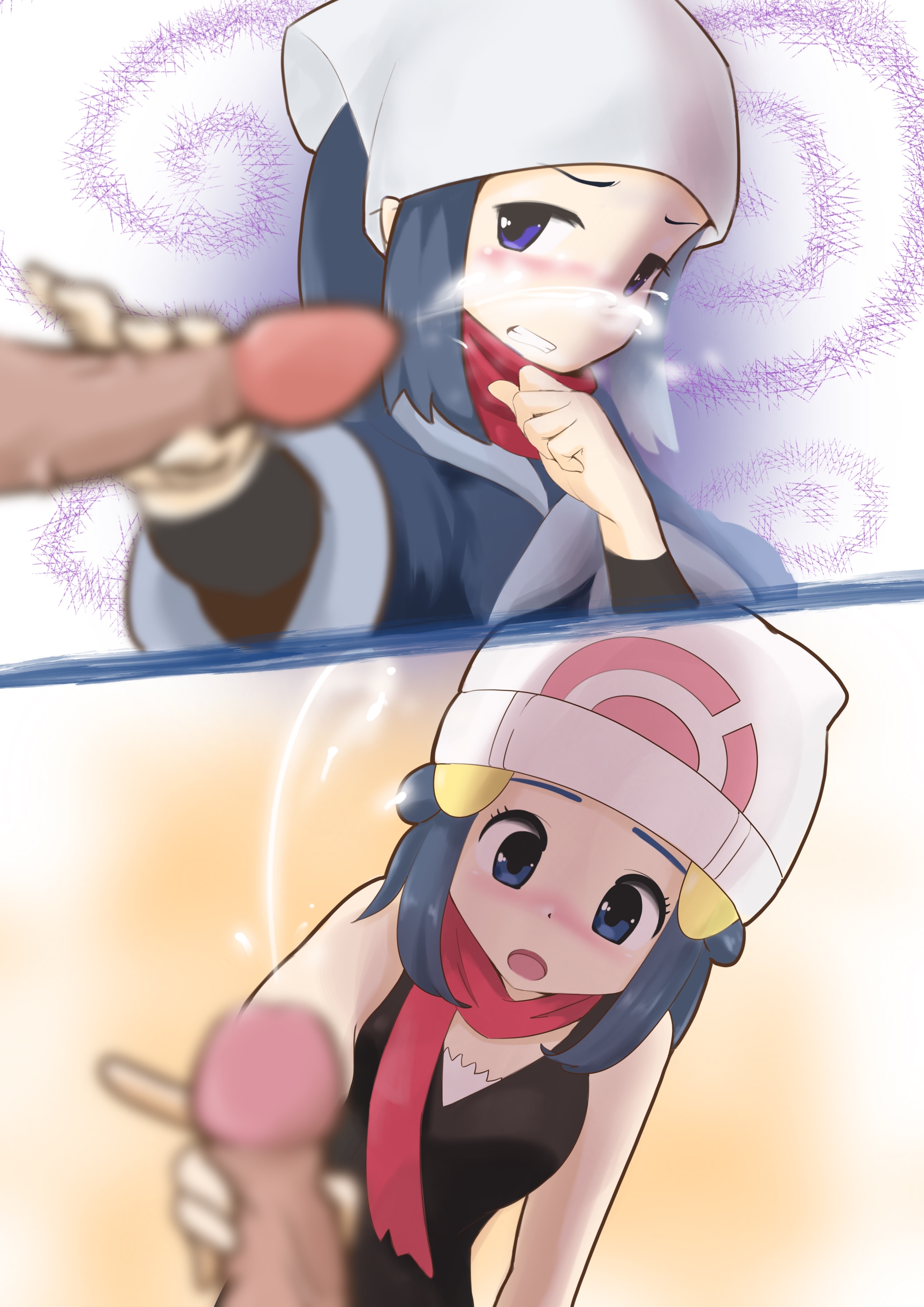 2girls, akari (pokemon), blue eyes, blush, censored, clothing, cum, dawn (pokemon), embarrassed, female, handjob, human, human only, microsd (artist), nintendo, pokemon, pokemon dppt, pokemon legends: arceus