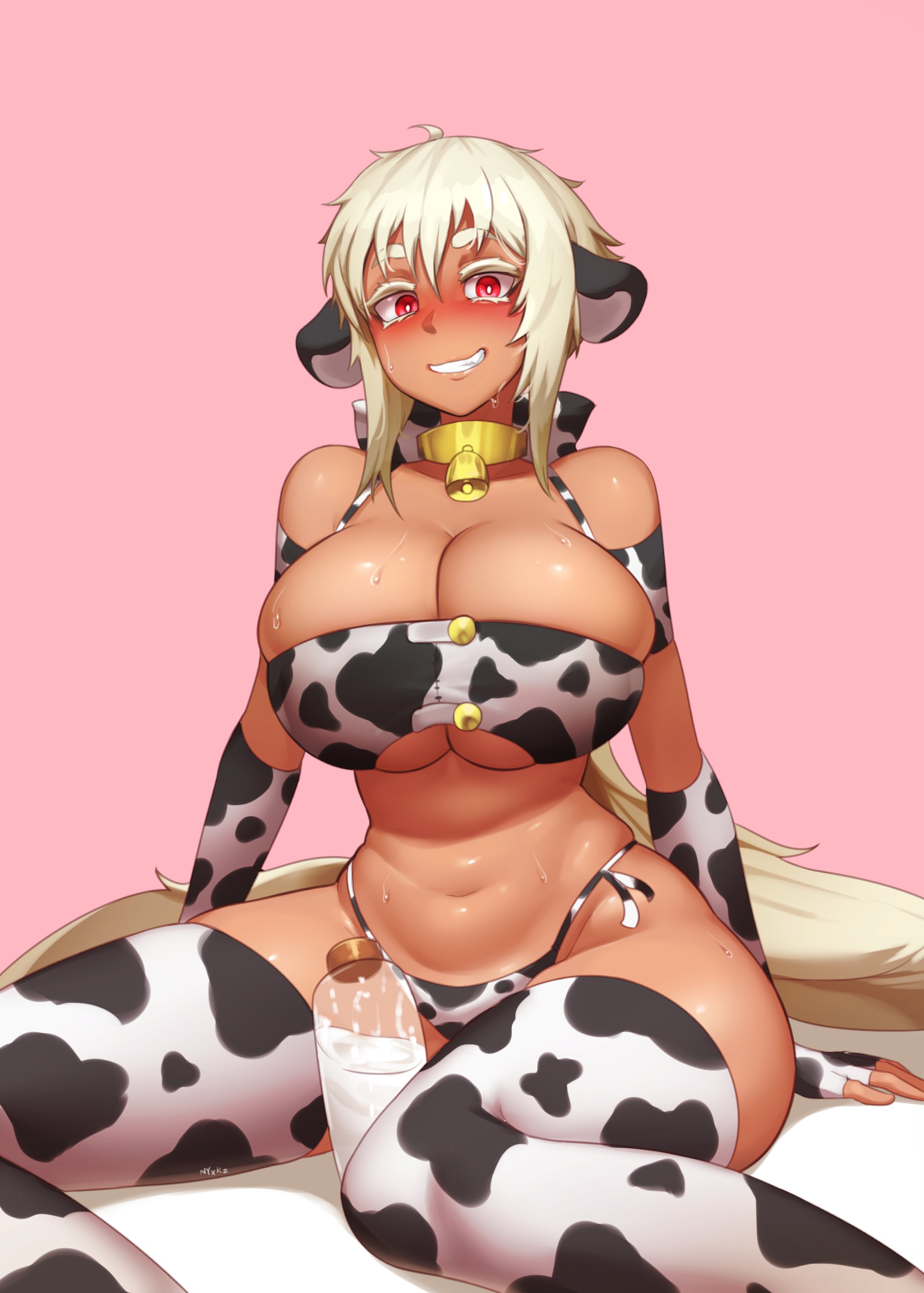 bell collar, belly, belly button, big breasts, bikini bottom, blush, blushing, bottle, breasts, child bearing hips, cow bell, cow bell collar, cow ears, cow girl, cow print, cow print armwear, cow print bikini, cow print gloves, cow print legwear, cow print thighhighs, cowbell, curvaceous, curves, curvy, curvy body, curvy female, curvy figure, curvy hips, embarrassed, female, huge breasts, large breasts, large thighs, laying on floor, milk, milk bottle, nyxkz, oc, on floor, original, original character, red eyes, revealing clothes, sitting on floor, sweat, sweating, sweaty, tan body, tan skin, tanned, tanned female, tanned skin, thick, thick thighs, tummy, white eyebrows, white eyelashes, white hair, wide hips, year of the cow