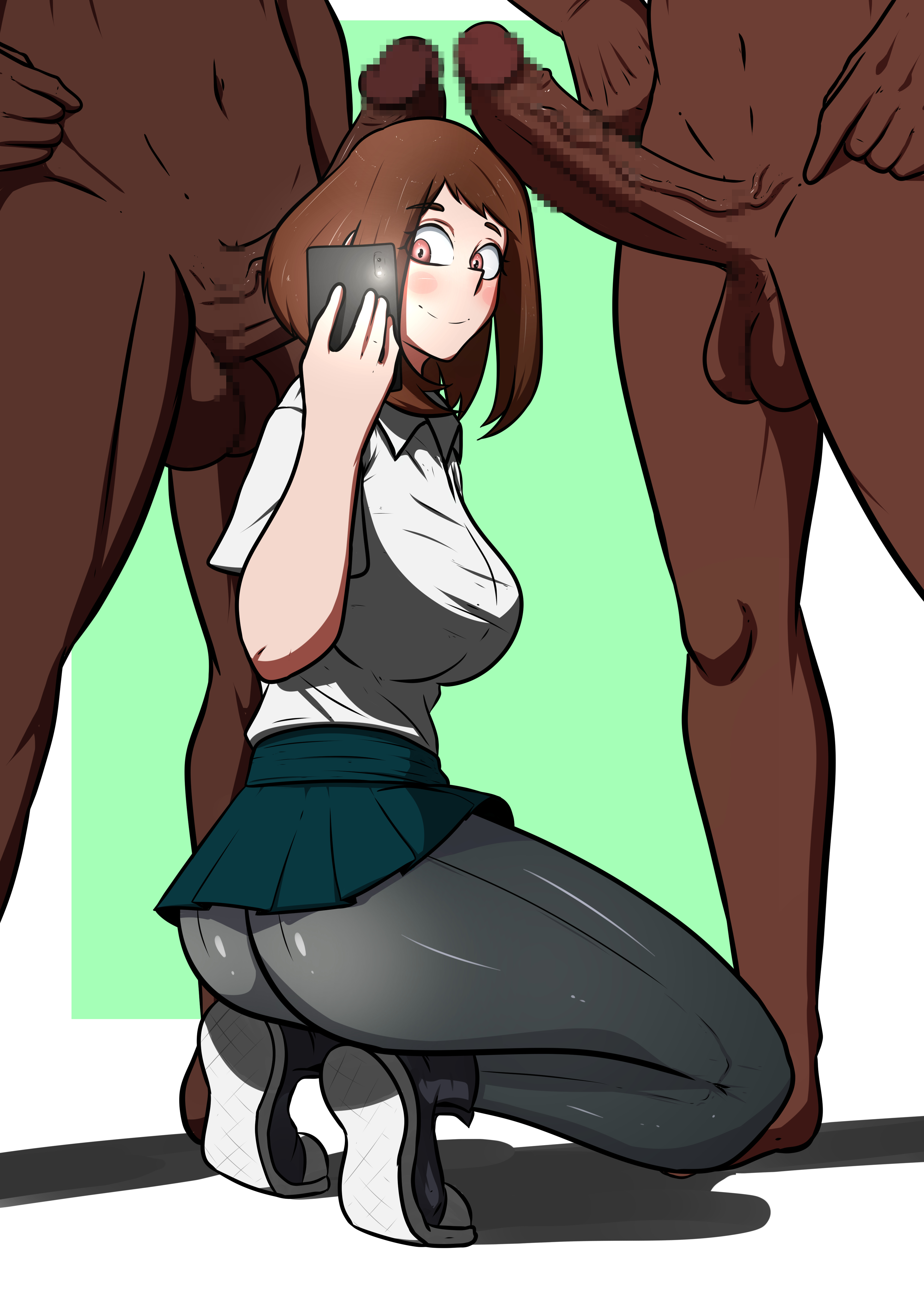 1girls, 2boys, censored, dark skin, dark-skinned male, female, interracial, large penis, male, microchip (artist), my hero academia, nude, nude male clothed female, ochako uraraka, on knees, penis, phone, selfie, shounen jump, smartphone, tagme