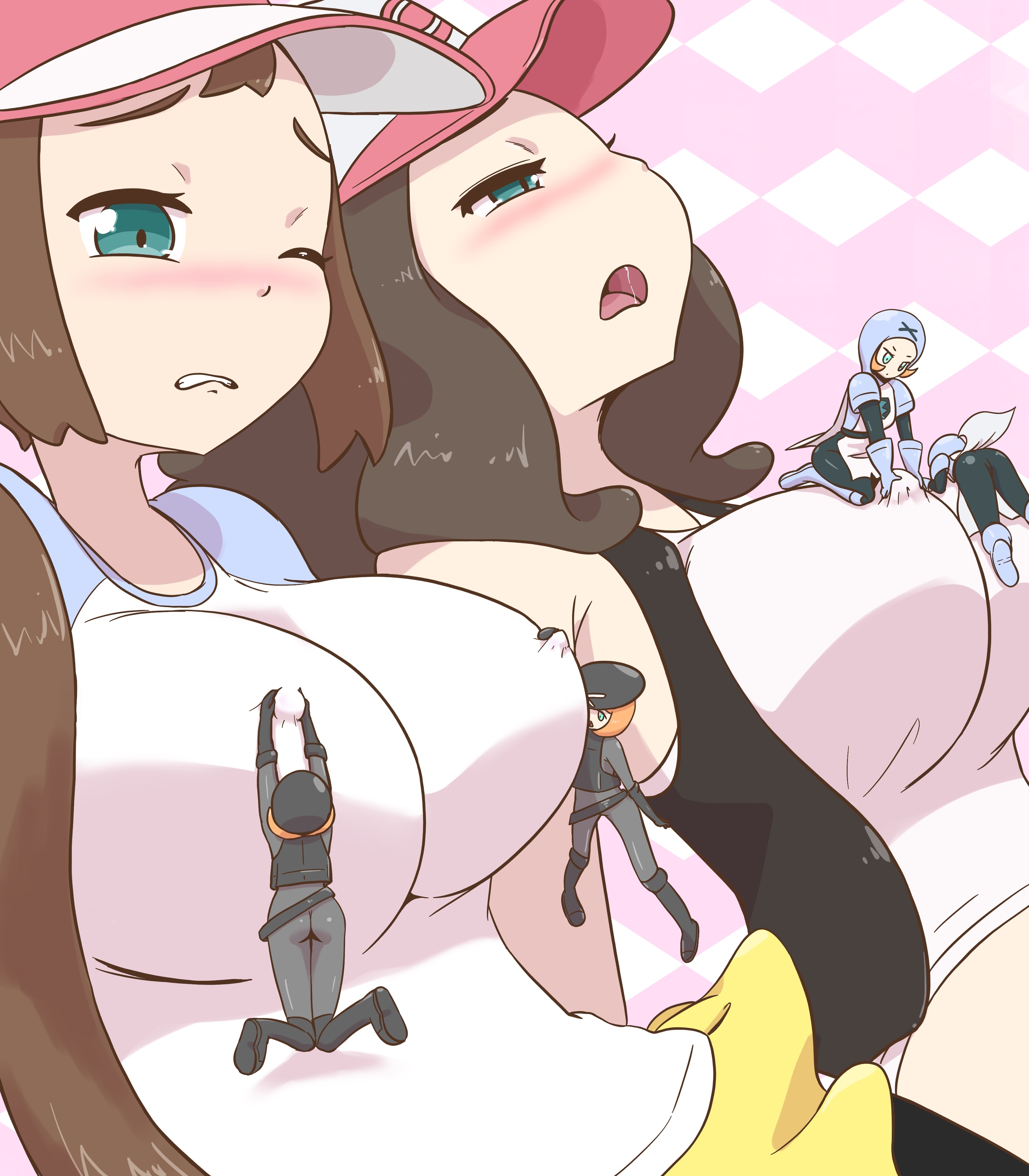 6girls, breasts, erect nipples, erection under clothes, female, female only, giantess, hilda (pokemon), huge breasts, human, human only, larger female, microsd (artist), multiple females, multiple girls, nintendo, nipples, pokemon, pokemon bw, pokemon bw2, rosa (pokemon), size difference, smaller female, team plasma, team plasma grunt, team plasma grunt (female)