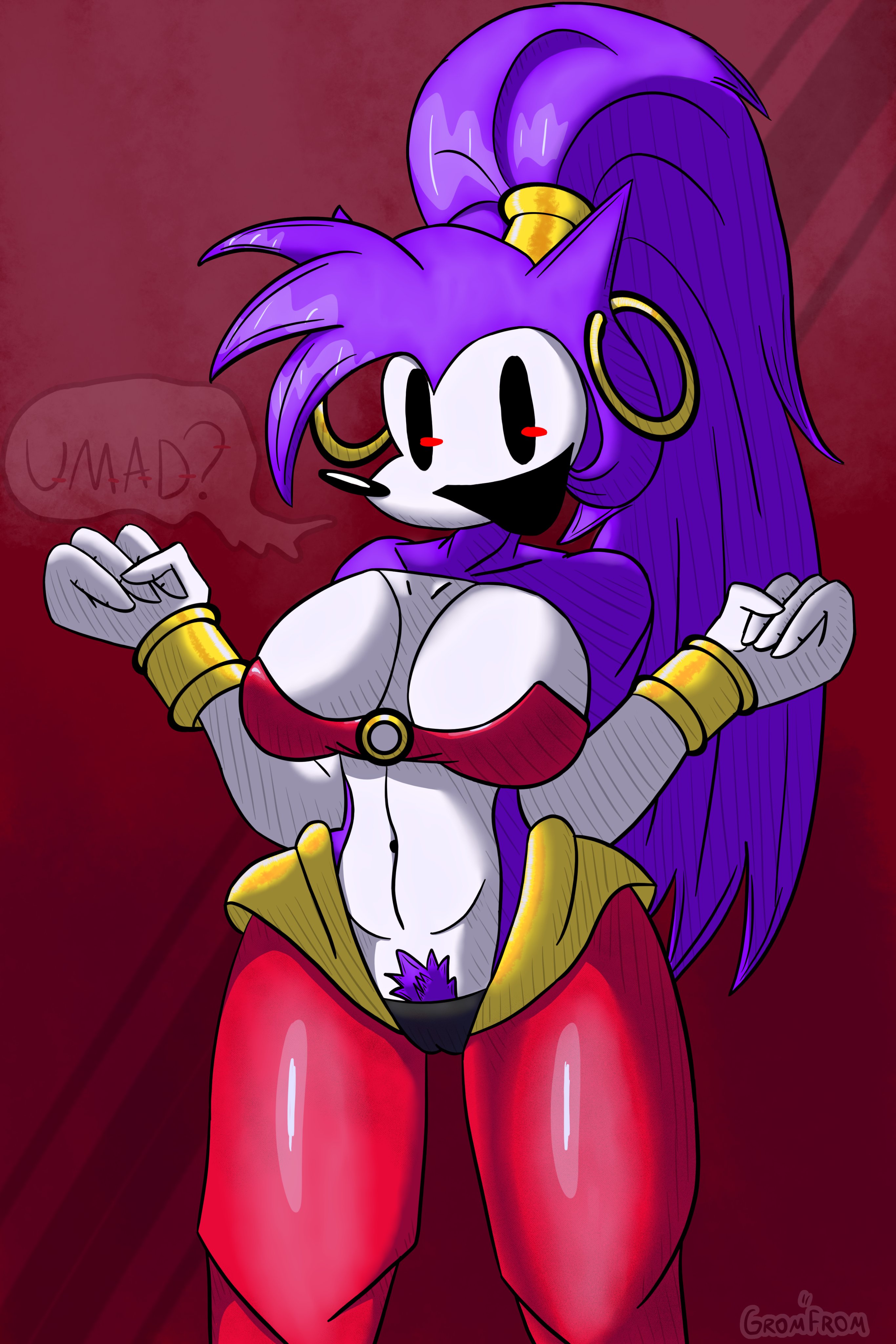 ass, breasts, female, ghost girl, hairy pussy, hedgehog, huge ass, huge breasts, needlemouse (character), needlemouse (series), purple hair, pussy, sarah henderson (needlemouse), shantae (cosplay), shantae needlemouse, short dress, smooth fur