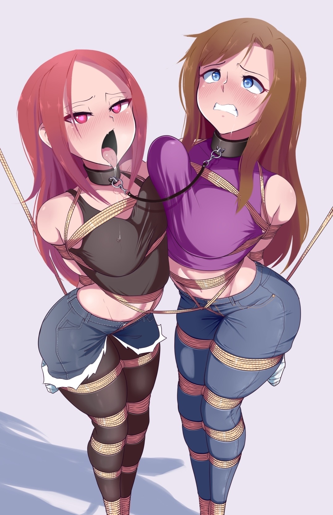 2girls, ahe gao, arms behind back, aroused, bagelbomb, blue eyes, bondage, bound together, breasts, breasts pressed against partner, brown hair, collar, denim, denim bottomwear, denim clothing, denim jeans, denim shorts, female, female only, femsub, gritting teeth, heart-shaped pupils, jean shorts, jeans, jorts, linked collar, long hair, looking up, multiple females, multiple girls, multiple subs, original, original character, pants, red eyes, red hair, ripped shorts, rope, rope bondage, saliva, saliva drip, simple background, tied up, tongue, tongue out