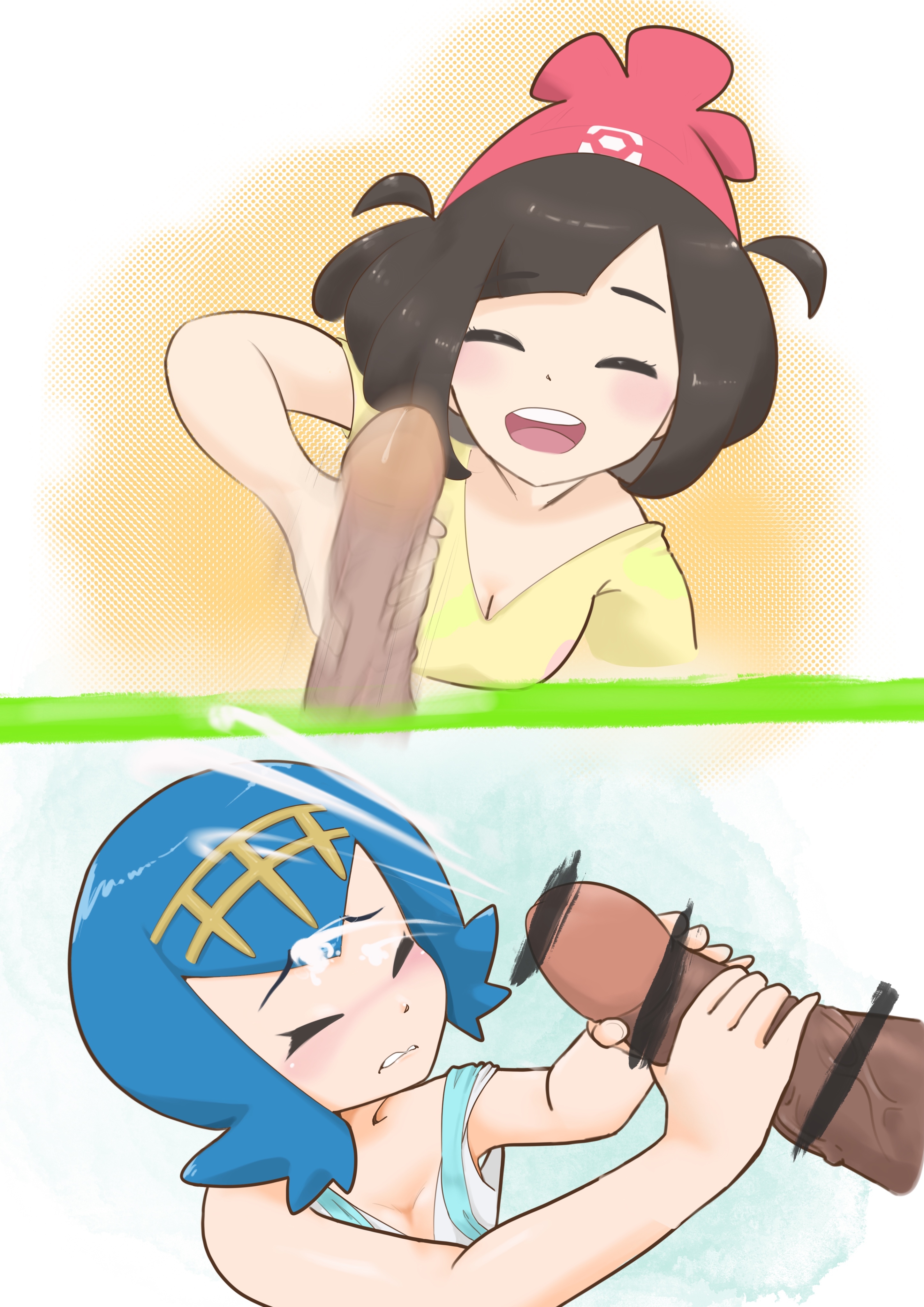 2girls, blue hair, blush, blushing, brown hair, censored, censored penis, cleavage, closed eyes, clothing, cum, cumming, cumshot, facial, female, handjob, human, human only, lana (pokemon), male, microsd (artist), multiple females, multiple girls, nintendo, penis, pokemon, pokemon sm, selene (pokemon)