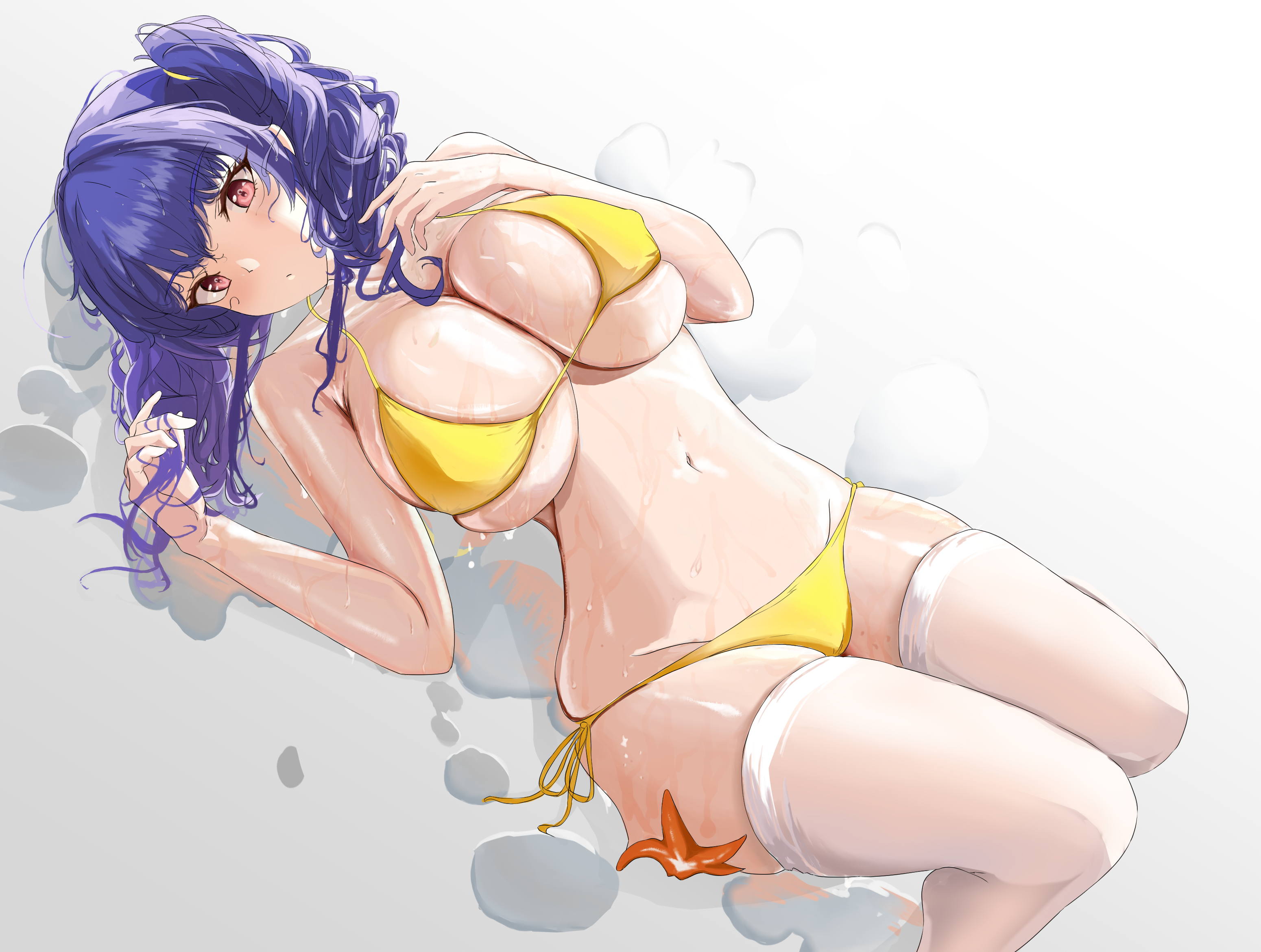 1girls, 2022, anti kumo (maeken 1021), azur lane, bikini, breasts, closed mouth, curvy, female, female focus, female only, from above, groin, highres, huge breasts, light skin, light-skinned female, looking at viewer, lying, navel, official alternate costume, on back, pola (azur lane), pola (seaside coincidence) (azur lane), purple hair, red eyes, sardegna empire (azur lane), side ponytail, side-tie bikini, skindentation, solo, starfish, stomach, swimsuit, thighhighs, wet, wet hair, white thighhighs, yellow bikini