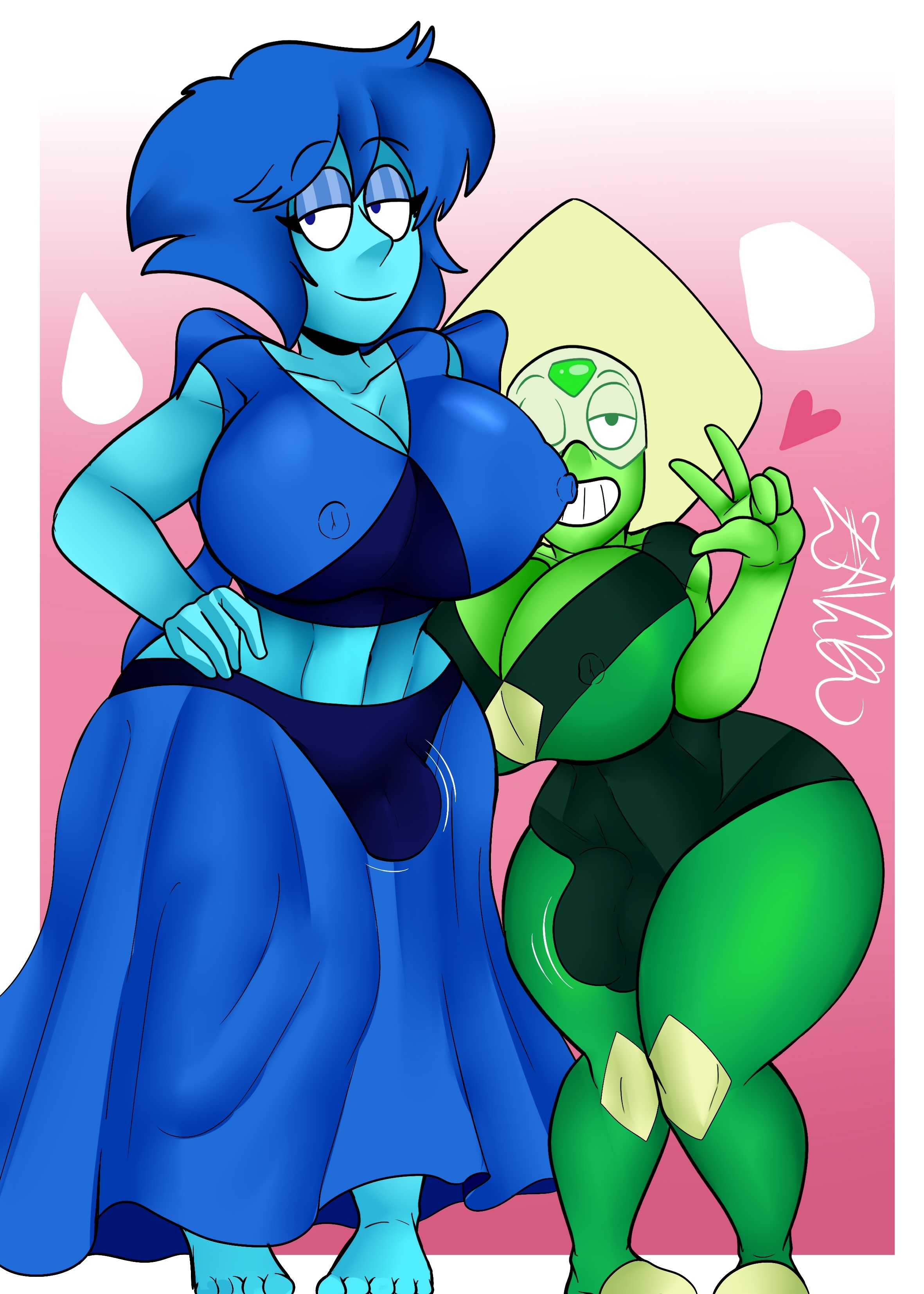 2futas, balls, big breasts, big penis, blue-skinned futa, breasts, bulge, bulge through clothing, clothed, clothing, curvy, duo, erect nipples, flaccid, full body, fully clothed, futa only, futanari, hourglass figure, huge breasts, huge hips, humanoid, intersex, lapis lazuli (steven universe), nipple bulge, nipples, penis, peridot (steven universe), pussy, smiling, steven universe, thick thighs, zaicomaster14