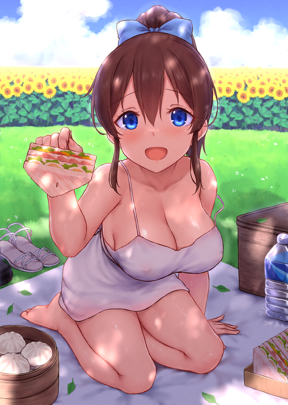 1girls aesthetic alternate_version_available arm_support bare_legs blue_eyes blue_sky blush bottle bow breasts brown_hair cai_geng cleavage dress female female_focus field flower food hair_between_eyes hairbow highres idolmaster idolmaster_million_live! large_breasts looking_at_viewer no_bra picnic ponytail pov sandwich satake_minako sfw_version shoes_removed sitting sleeveless sleeveless_dress solo strap_slip summer sunflower white_dress yokozuwari