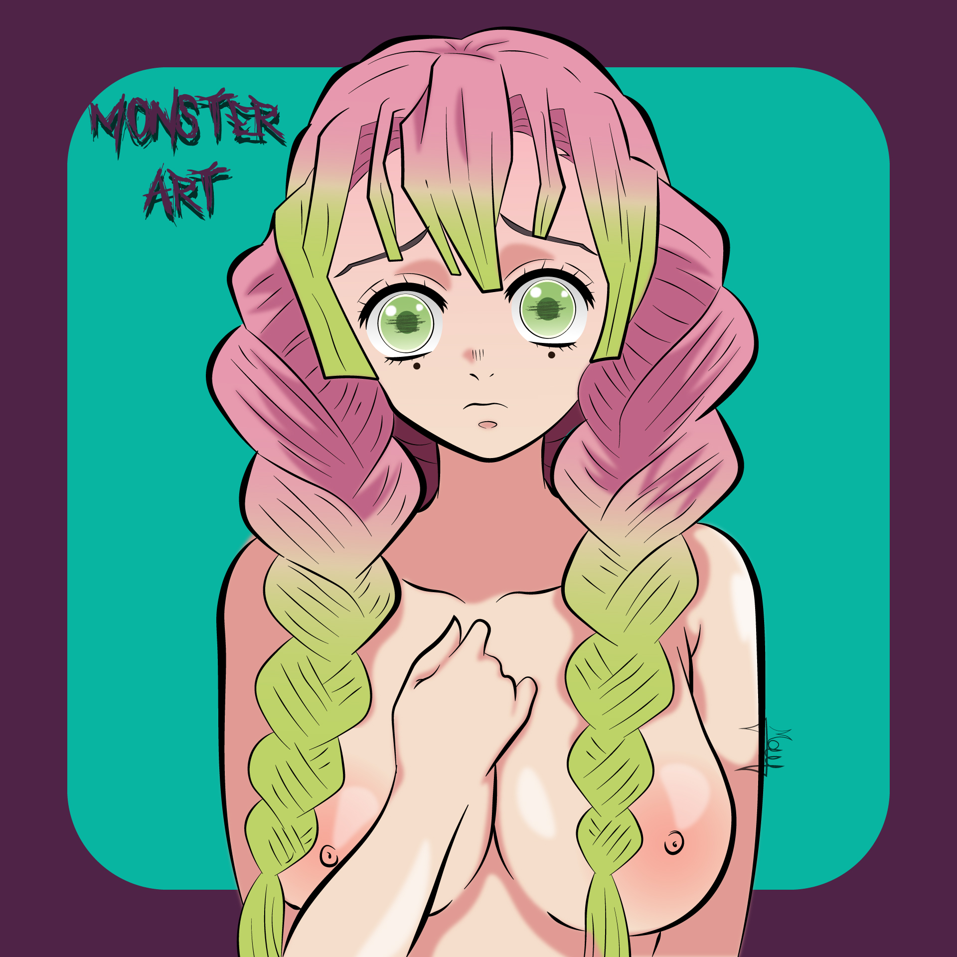 1girls, 2021, areolae, big breasts, breasts, demon slayer, female, female focus, female only, green eyes, green hair, kanroji mitsuri, kimetsu no yaiba, monsterart, nipples, nude, nude female, nudity, pink hair, pink-haired female, solo, twin braids, two-tone hair, upper body