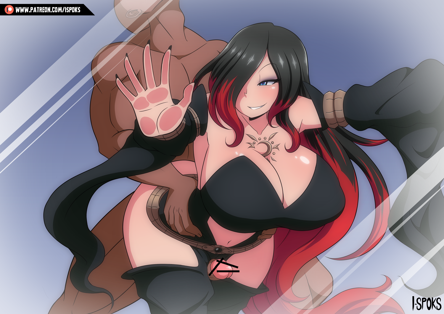 1boy, 1girls, against glass, black hair, clothed, dark skin, dark-skinned male, female, gravity rush, ilustretsspoks, intercrural, intercrural sex, light skin, light-skinned female, male, raven (gravity rush), thigh sex