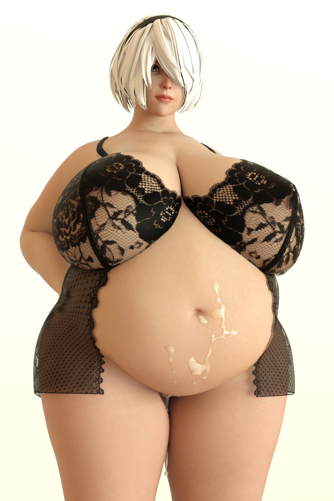 1girls, 3d, bbw, belly, big belly, big breasts, breasts, breasts bigger than head, chubby, clothing, cum, cum on belly, fat, female, female only, hairband, huge belly, huge breasts, light skin, light-skinned female, nier, nier: automata, overweight, short hair, solo, solo female, thick thighs, white hair, wisecatmiracle, yorha 2b