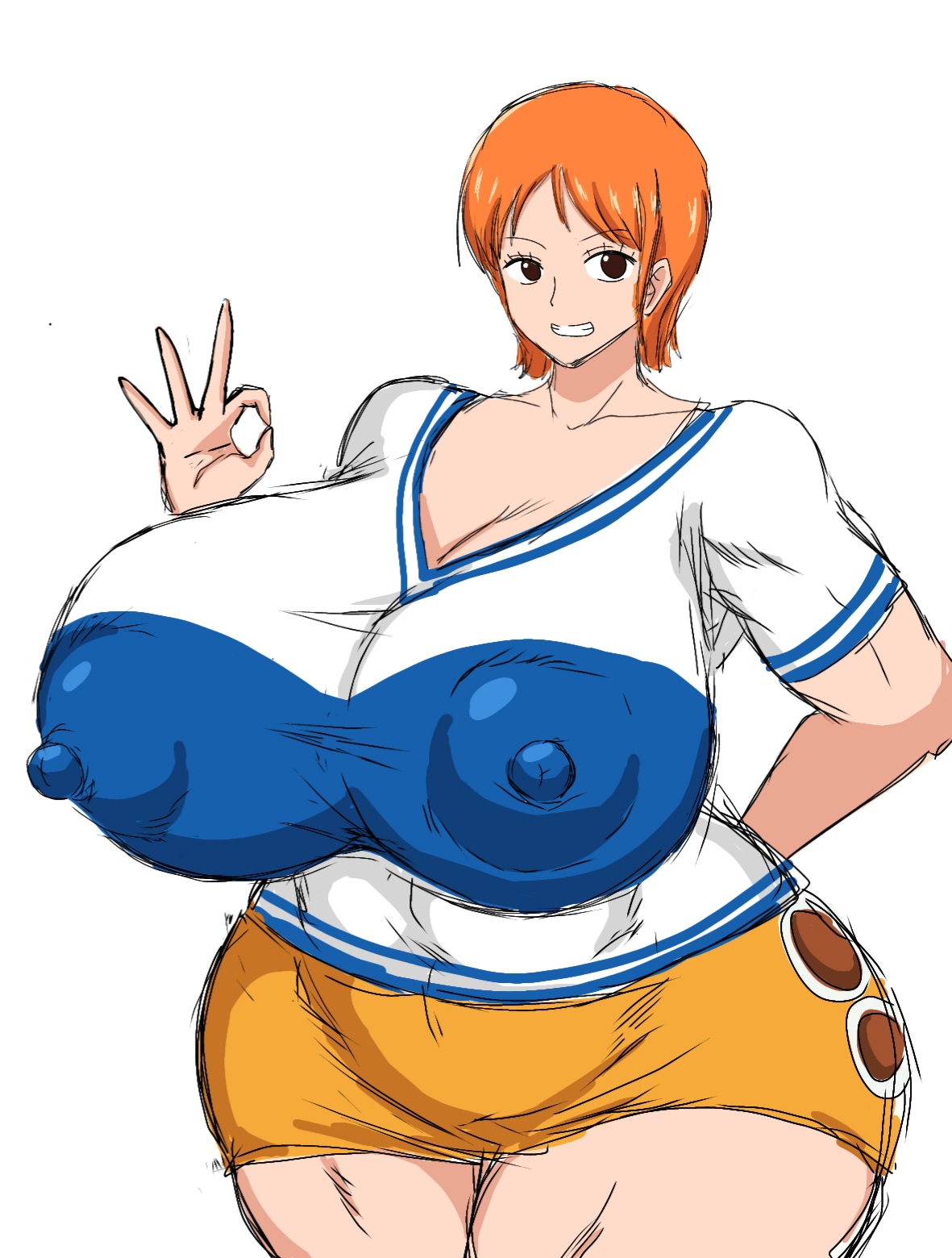 1girls, 2022, absurd res, areolae, ass, ass bigger than head, belly, belly button, big ass, big breasts, big nipples, breasts, breasts bigger than head, clothing, covered navel, curvy, erect nipples, erect nipples under clothes, fat, fat ass, female, female only, front view, front view focus, fully clothed, gigantic ass, gigantic breasts, gigantic nipples, highres, huge ass, huge breasts, huge hips, huge nipples, huge thighs, human, large ass, large breasts, large nipples, looking at viewer, momiji (artist), nami (one piece), nipple bulge, nipples, one piece, orange hair, pre-timeskip, shounen jump, smiling at viewer, teenager, thick, thick thighs, thunder thighs, venus body, voluptuous, white background, wide hips