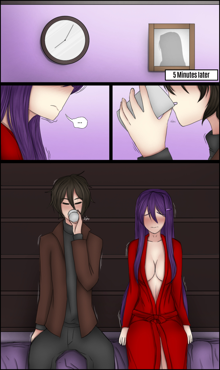 ... 1boy 1female 1girls 1male bed breasts brown_hair cleavage clock comic comic_page cup doki_doki_literature_club drinking embarrassed flustered genkun gnyrkd long_hair purple_hair red_robe robe sipping sitting text time_lapse time_skip yuri_(doki_doki_literature_club)