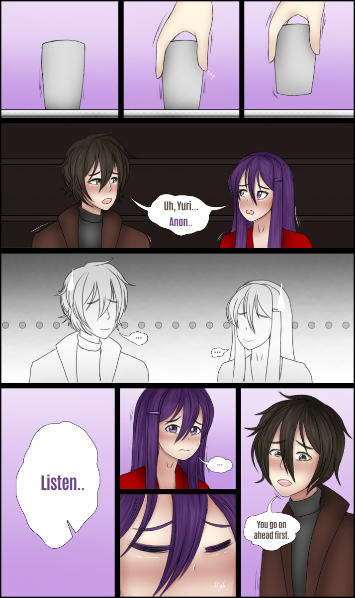 ... anon blush both_eyes_closed brown_eyes brown_hair brown_jacket closed_eyes cup doki_doki_literature_club embarrassed eyes_closed flustered genkun gnyrkd jacket long_hair motion_lines object purple_eyes purple_hair purple_text red_robe robe text text_bubble yuri_(doki_doki_literature_club)