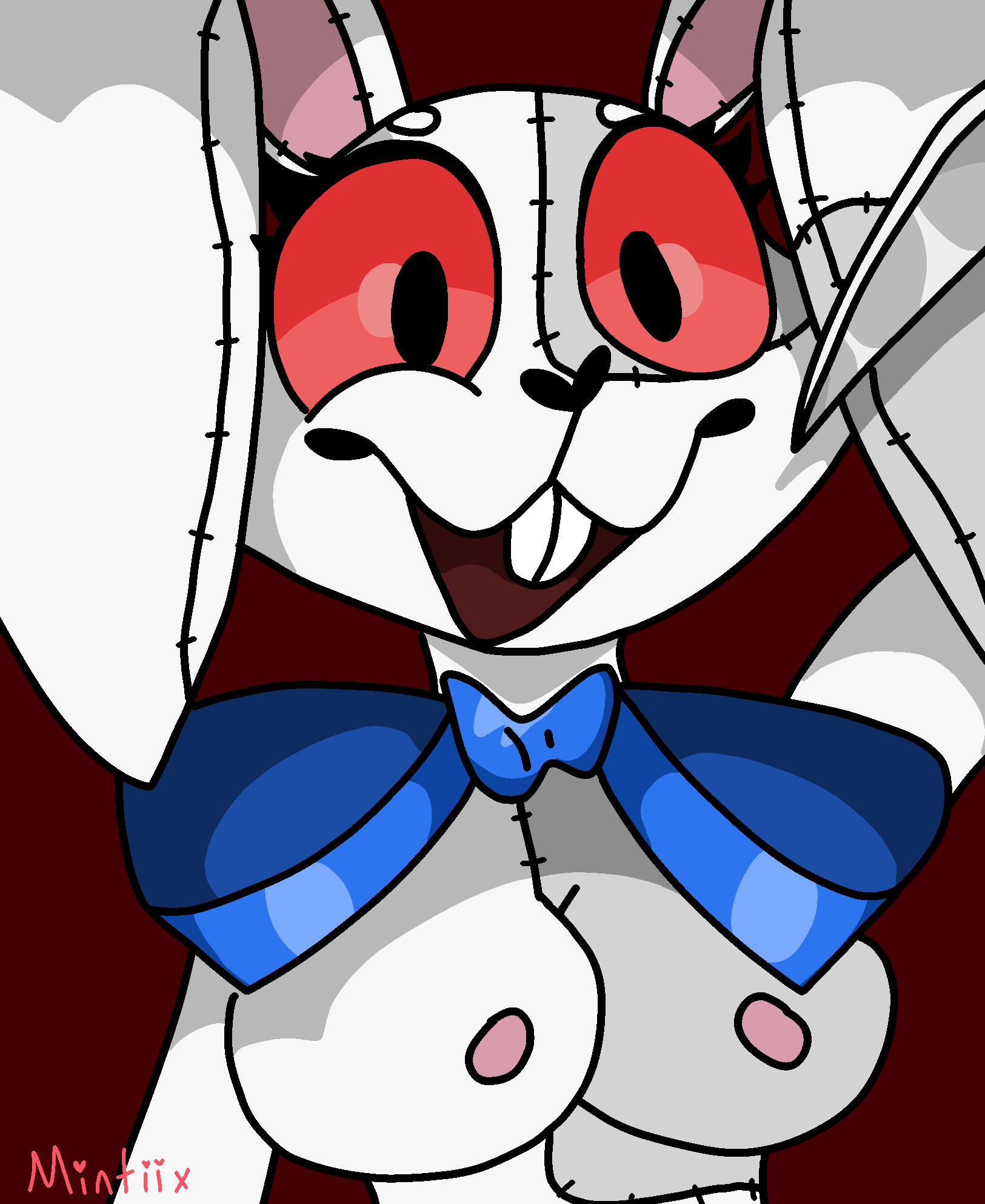 anthro blue_bow breasts female five_nights_at_freddy's five_nights_at_freddy's:_security_breach fur hi_res knife lagomorph leporid mammal mintiix patch_(fabric) rabbit red_eyes scottgames solo vanny_(fnaf) video_games white_body white_fur