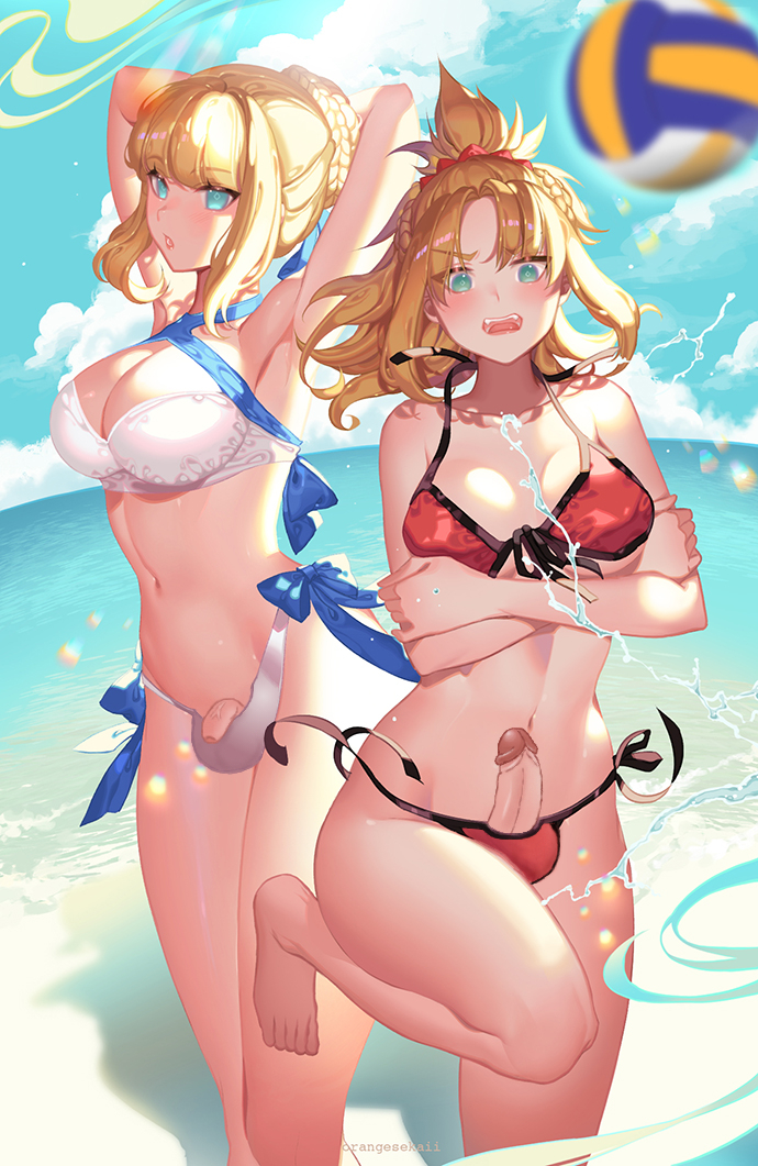 2futas artoria_pendragon balls beach bikini bra breasts bulge clothed clothing daughter_is_bigger duo edit edited erection fate_(series) flaccid futa_only futanari human light-skinned_futanari light_skin mordred_(fate) mordred_(swimsuit_rider) mostly_nude orange_sekaii penis penis_out standing third-party_edit