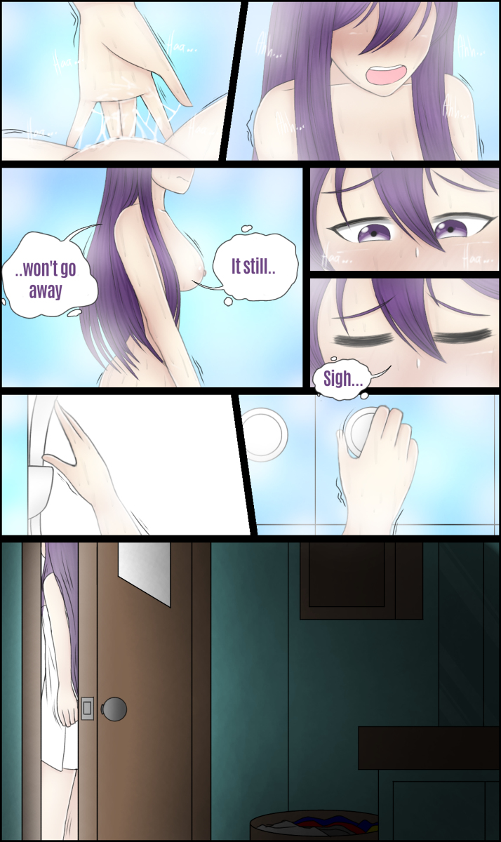 1female 1girls 5_fingers bedroom blush bodily_fluids both_eyes_closed breasts closed_eyes comic comic_page cum cum_on_hand doki_doki_literature_club door doorknob english_text eyes_closed flustered genkun gnyrkd long_hair looking_down_at_hand motion_lines nipples open_mouth opening_door purple_eyes purple_hair purple_text shower shower_head showering text text_bubble towel yuri_(doki_doki_literature_club)