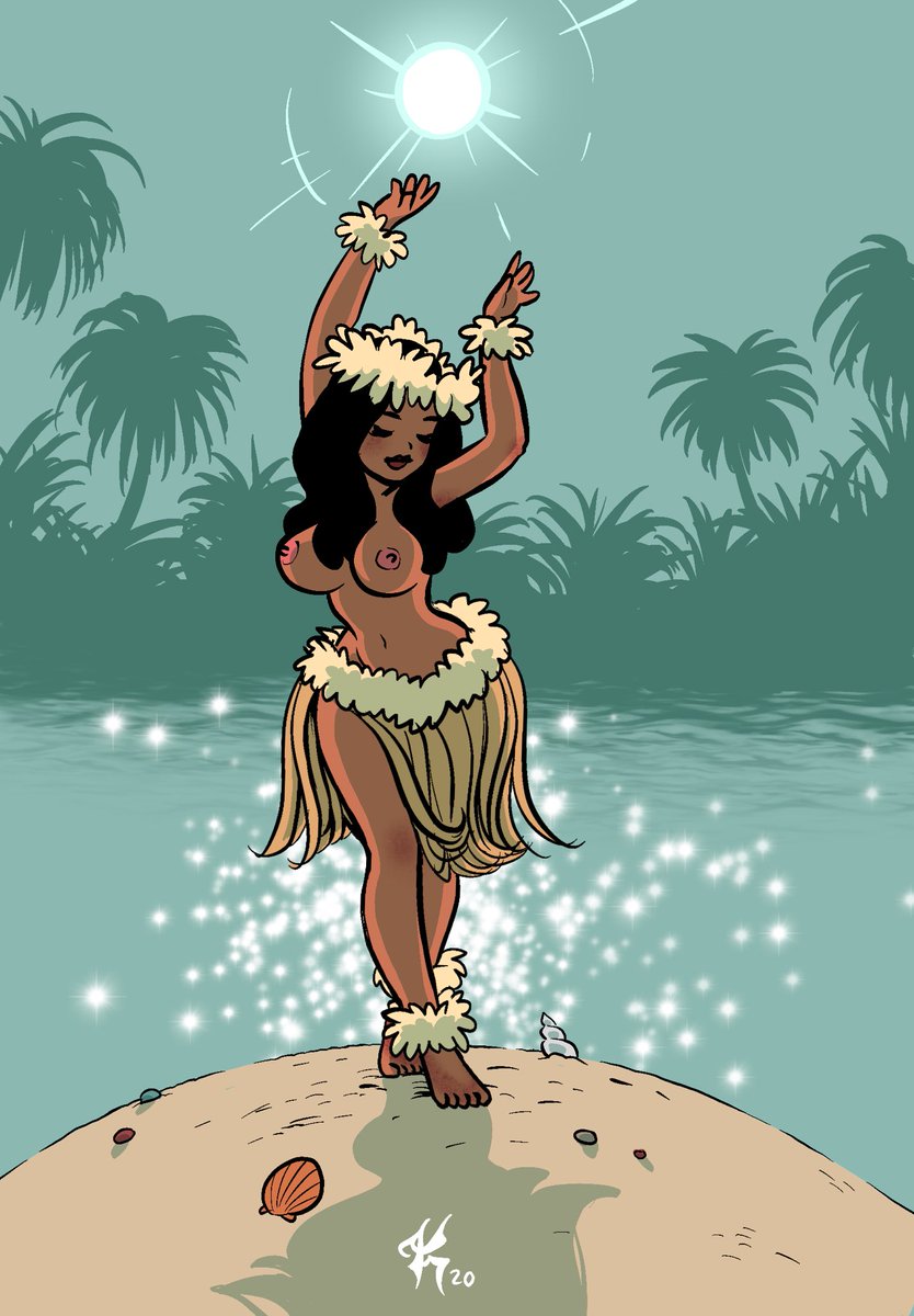 beach black_hair black_lipstick female flower_anklet flower_bracelet flower_crown grass grass_skirt hula hula_dancer hula_girl hula_skirt katputze moon national_personification night_sky oc ocean original_character palm_trees sea_shells shadow signature solo sparkles topless