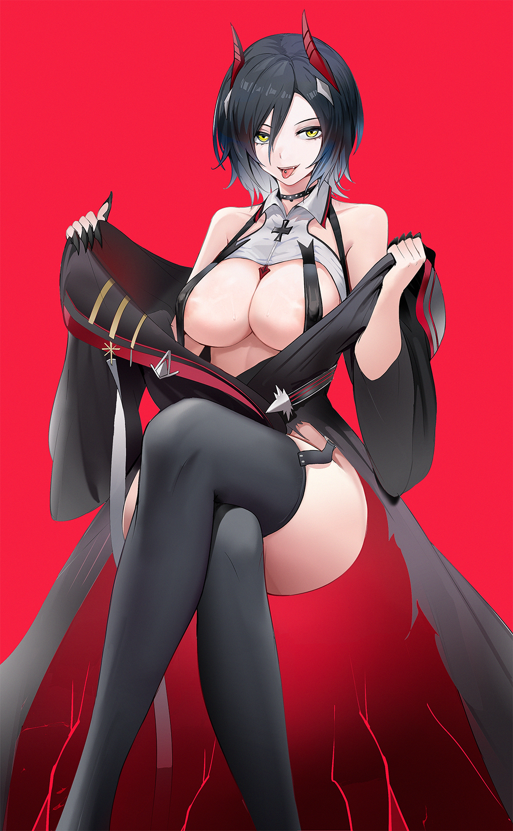 1girls 2022 areola_slip azur_lane bangs bare_shoulders black_choker black_hair black_jacket black_thighhighs blue_hair breast_strap breasts chabenmus choker claw_ring cleavage collarbone commentary covered_nipples crop_top cross crossed_legs female female_focus female_only garter_straps gradient_hair hair_between_eyes highres horns invisible_chair iron_blood_(azur_lane) iron_cross jacket large_breasts looking_at_viewer multicolored_hair piercing red_background red_horns shirt short_hair sidelocks simple_background sitting skindentation smile solo solo_female studded_choker teeth thighhighs tongue tongue_out tongue_piercing ulrich_von_hutten_(azur_lane) undressing upper_teeth white_hair white_shirt yellow_eyes