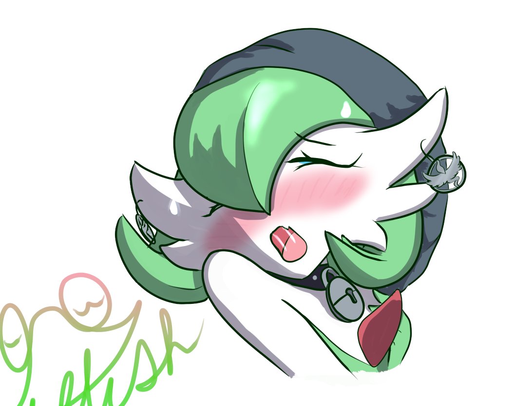 1girls blush closed_eyes collar ctl_fish earrings female female_only gardevoir green_hair naughty_face open_mouth original pokemon pokemon_(species) short_hair solo