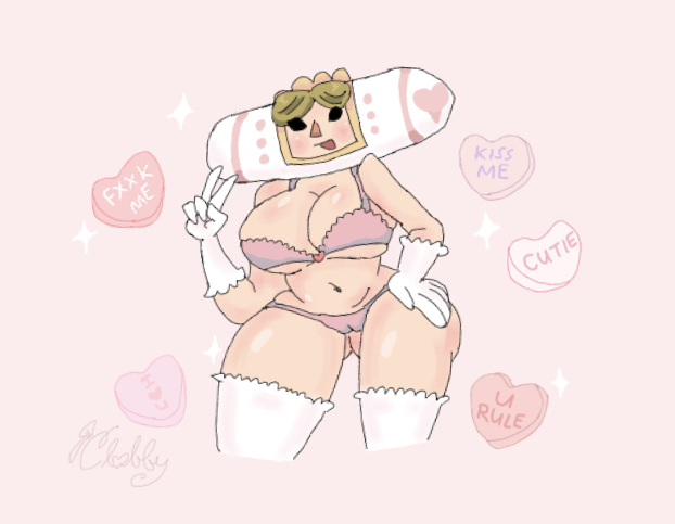 alien blonde_hair bra clobby crown curvy female gloves half-dressed huge_ass huge_breasts katamari_damacy lingerie mature_female milf panties partially_clothed peace_sign pubic_hair queen queen_of_all_cosmos royalty text thighhighs underwear