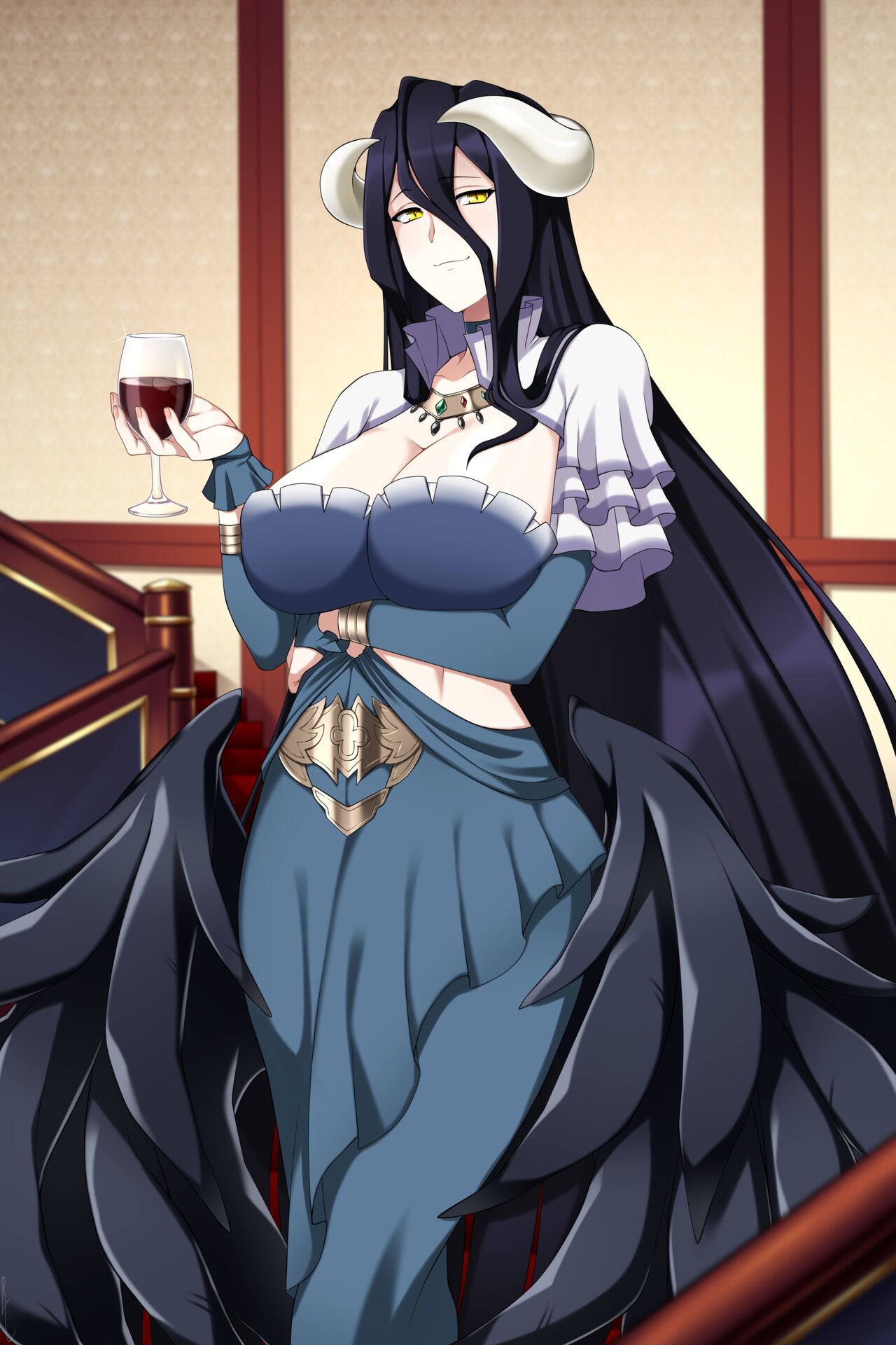albedo (overlord), blue dress, demon, feathered wings, female, horns, lindaroze, overlord (maruyama), succubus, succubus horns, succubus wings