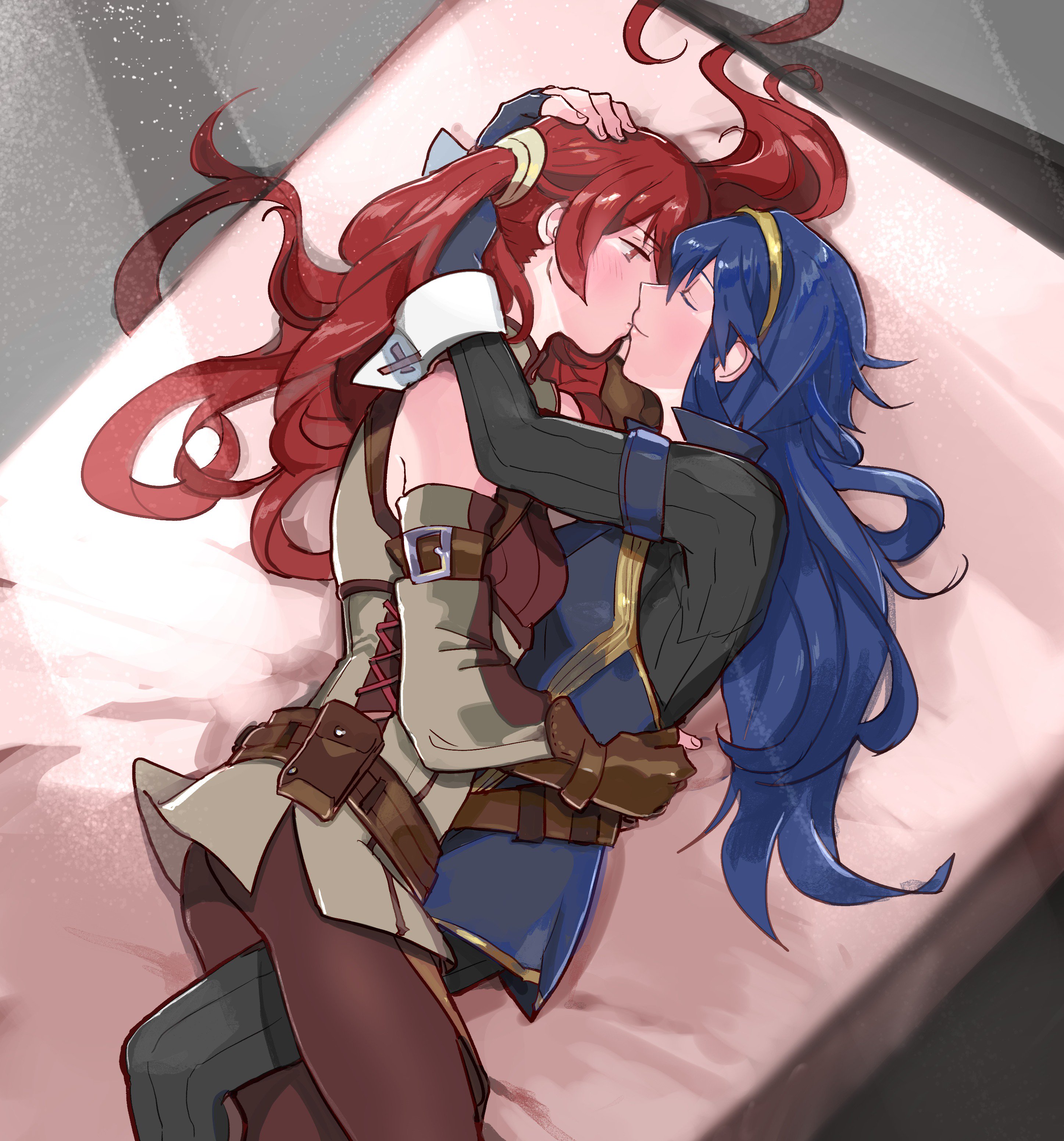 2girls, absurdres, bad id, bad twitter id, bed, blue hair, blush, brown gloves, closed eyes, clothed female, commentary, commission, couple, detached sleeves, english commentary, female, female only, fingerless gloves, fire emblem, fire emblem awakening, from above, gloves, hairband, hand on head, higher resolution duplicate, highres, hug, hugging, kissing, kohiu, light blush, long hair, looking at another, lucina (fire emblem), lying, lying on bed, multiple females, multiple girls, nintendo, on side, pantyhose, red hair, severa (fire emblem), smile, source request, twintails, very long hair, wholesome, yuri