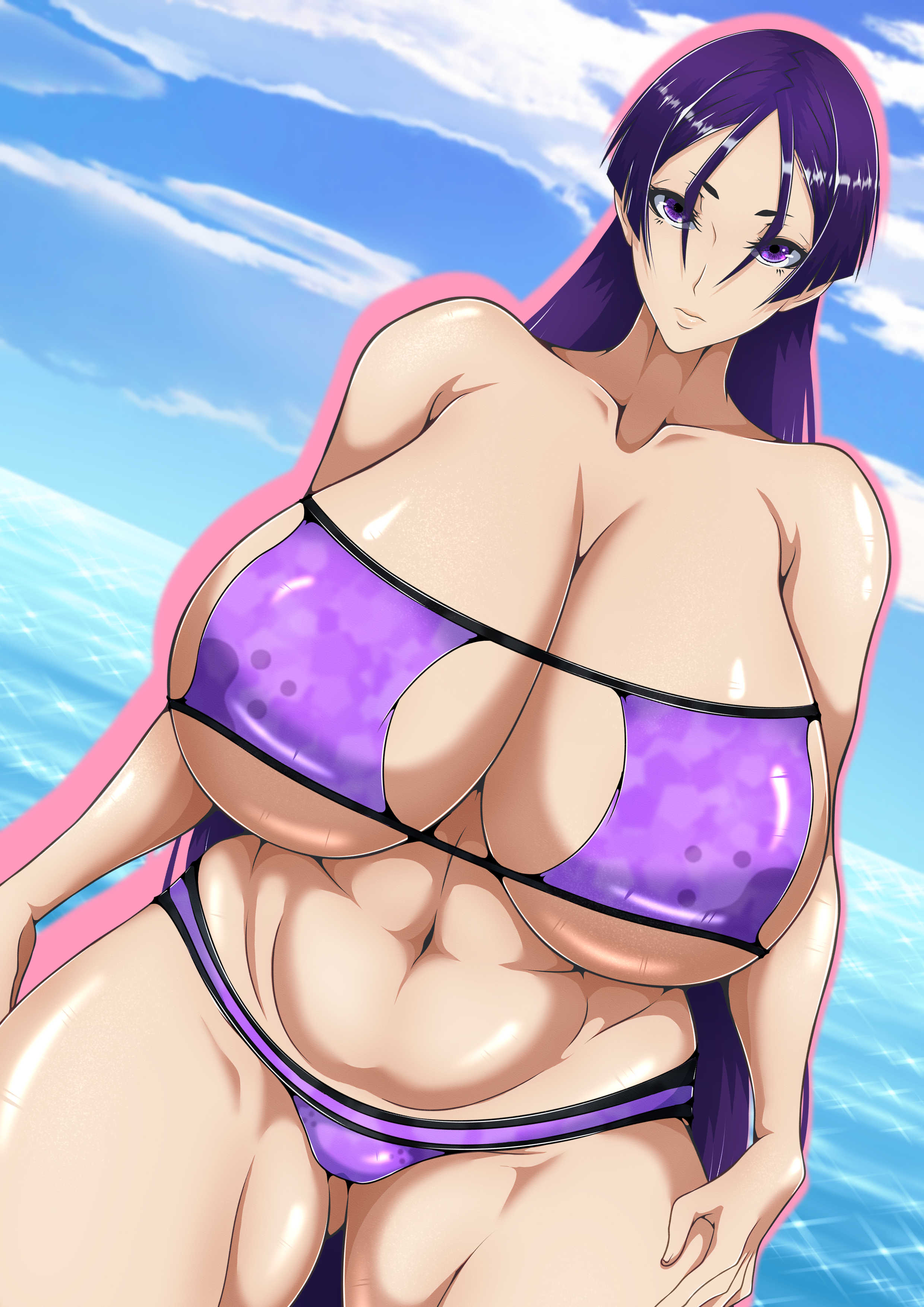 1girls, big breasts, bikini, bikini bottom, bikini top, breasts, eyepatch bikini, fate (series), fate/grand order, female, female only, hair, huge breasts, large breasts, long hair, looking at viewer, mature, mature female, milf, minamoto no raikou (fate/grand order), mojihe, plump, purple bikini, purple eyes, purple hair, solo, solo female, swimsuit, swimwear, thick thighs, thighs, venus body, voluptuous