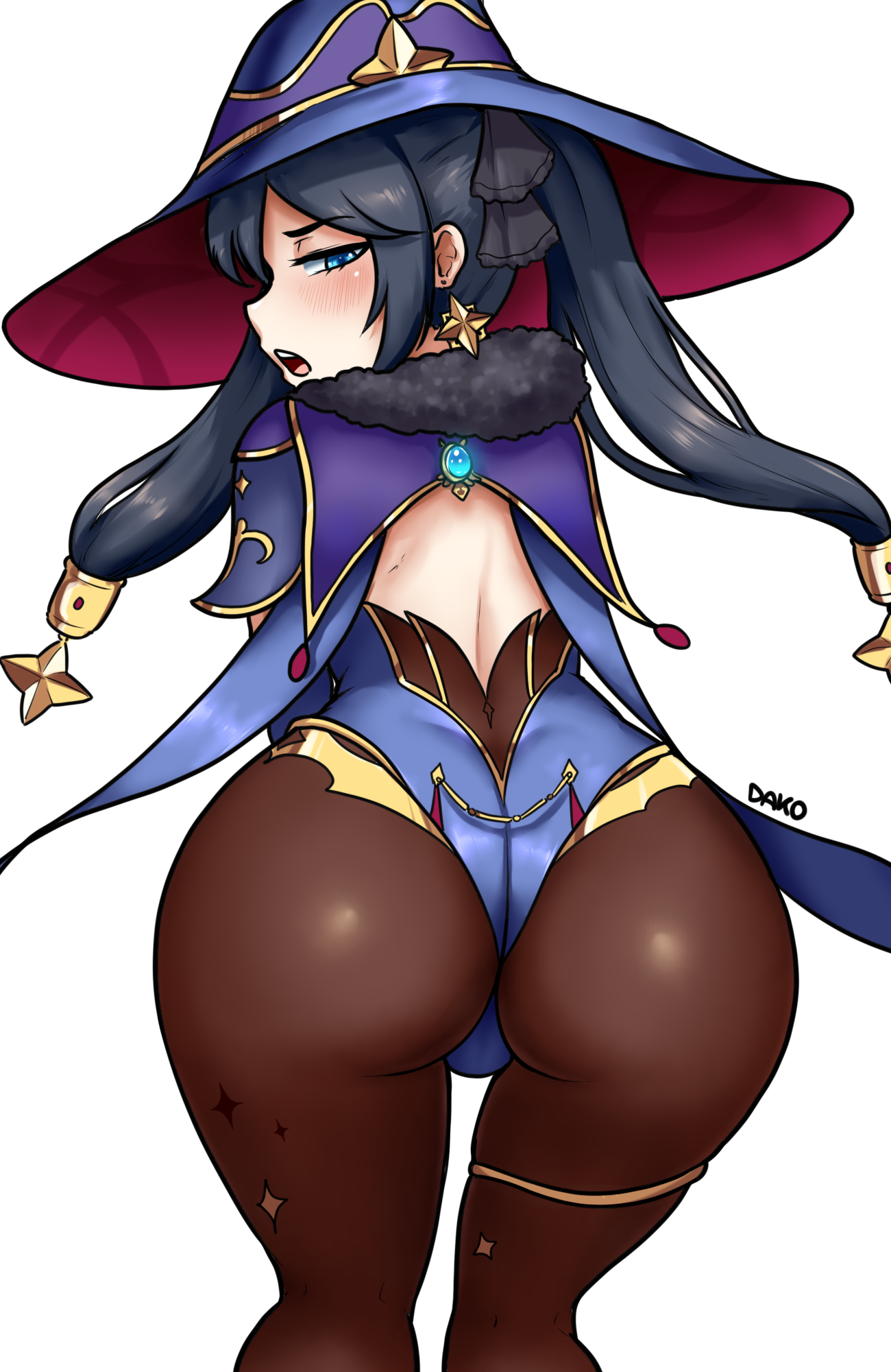 1girls, ass, ass up, big ass, big butt, blue eyes, dako, dakosito, eye contact, face down ass up, female, female only, genshin impact, hat, leotard, looking at viewer, looking back, mona (genshin impact), mouth open, pantyhose, purple hair, solo, solo female, twintails, witch hat