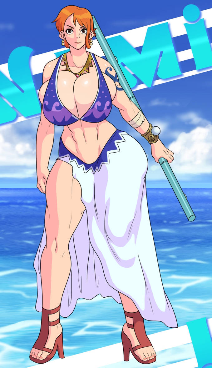 abs, arabasta saga, ass, breasts, bursting breasts, clothed, clothed female, clothing, female, female only, harem outfit, high heels, huge ass, huge breasts, jay-marvel, nami (one piece), one piece, orange hair, red head, short hair, tall female, thick thighs
