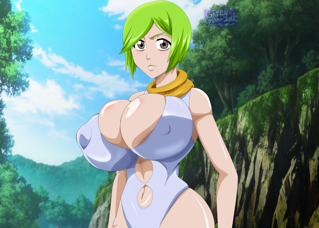 1girls alternate_breast_size big_breasts bleach breasts brown_eyes clothed clothed_female female female_only green_hair greengiant2012 huge_breasts kuna_mashiro nipple_bulge solo swimsuit