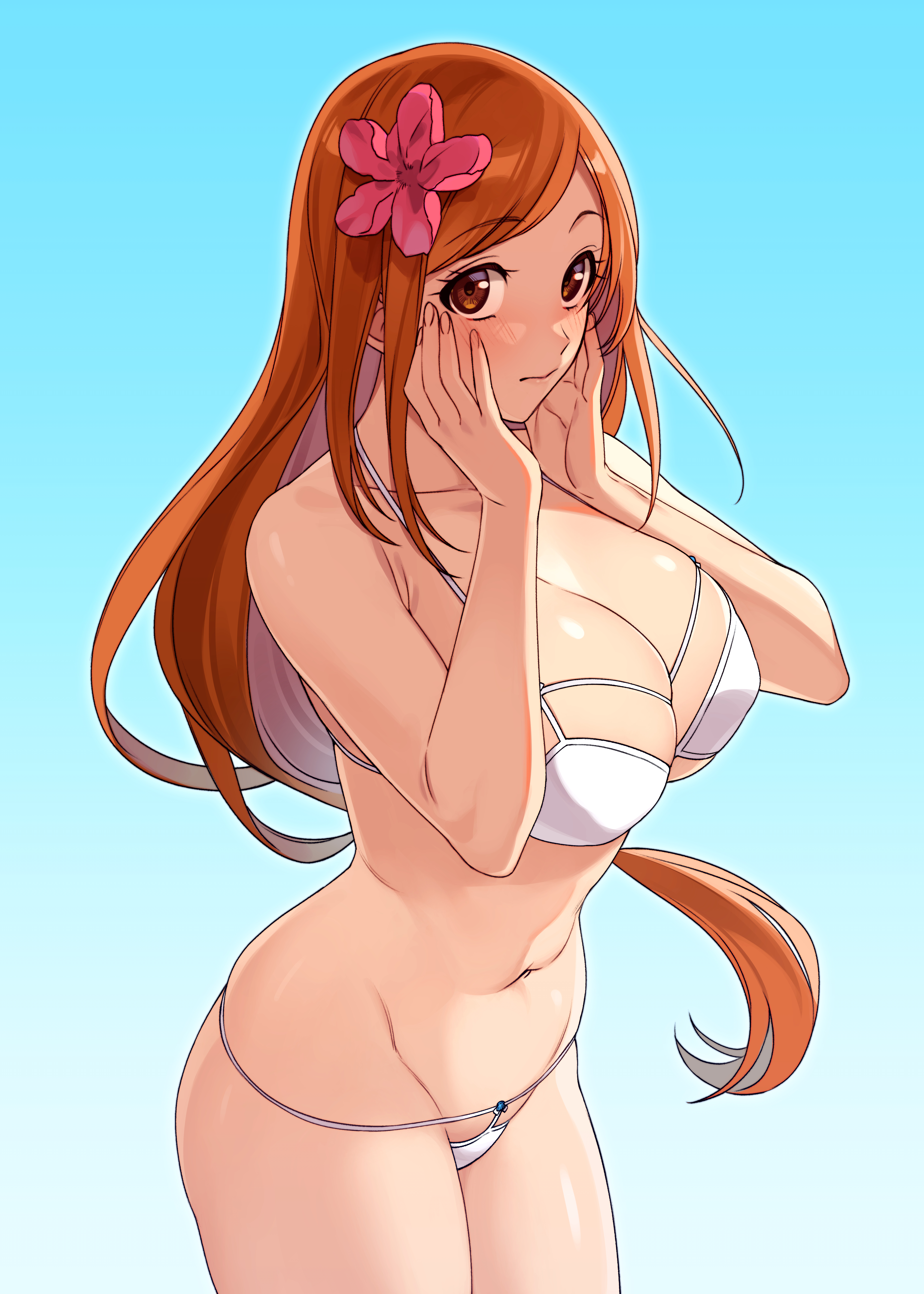 1girls, absurdres, bikini, bleach, blue background, blush, breasts, brown eyes, brown hair, bust, busty, closed mouth, embarrassed, female, female only, flower, gradient, gradient background, hair flower, hair ornament, hands on own cheeks, hands on own face, highres, inoue orihime, large breasts, long hair, looking at viewer, micro bikini, navel, onimoti, oppai, pink flower, revealing swimsuit, shy, skimpy, skimpy bikini, solo, solo focus, string bikini, swimsuit, voluptuous, white bikini