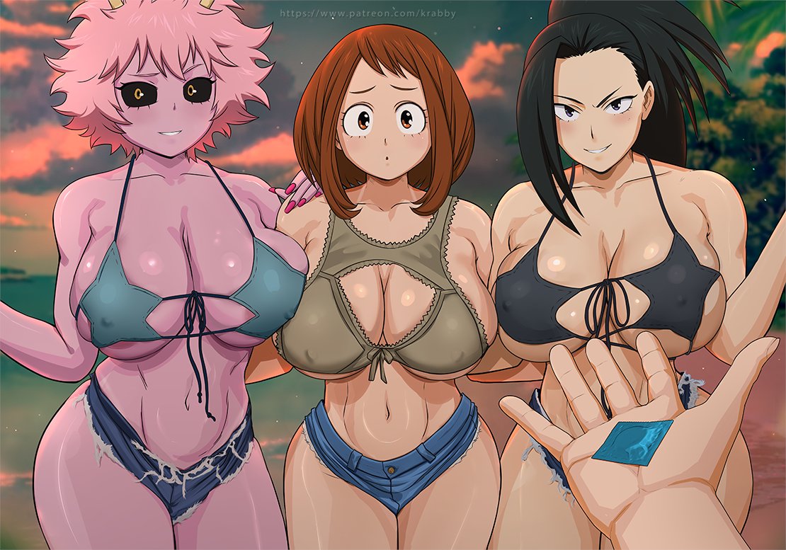 1boy 2022 3girls bikini black_eyes black_hair black_sclera breasts brown_eyes brown_hair denim denim_clothing denim_panties denim_shorts female female_focus hips huge_breasts jean_shorts krabby_(artist) large_breasts light-skinned_female light_skin long_hair male male_pov mina_ashido momo_yaoyorozu my_hero_academia ochako_uraraka outdoors pink_hair pink_skin ponytail pov short_shorts slim_waist thick_thighs thighs wide_hips yellow_eyes