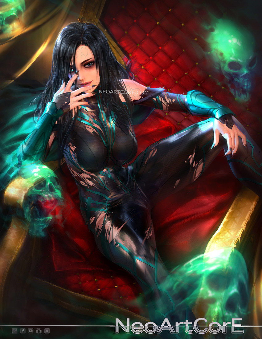 1girls bare_shoulders black_hair bodysuit breasts commentary_request female female_only fingers green_eyes hands hela human human_only large_breasts light-skinned_female light_skin light_smile lips looking_at_viewer magic marvel marvel_cinematic_universe marvel_comics neoartcore photoshop_(medium) realistic signature skull solo spirit spread_legs thighs thor:_ragnarok thor_(series)