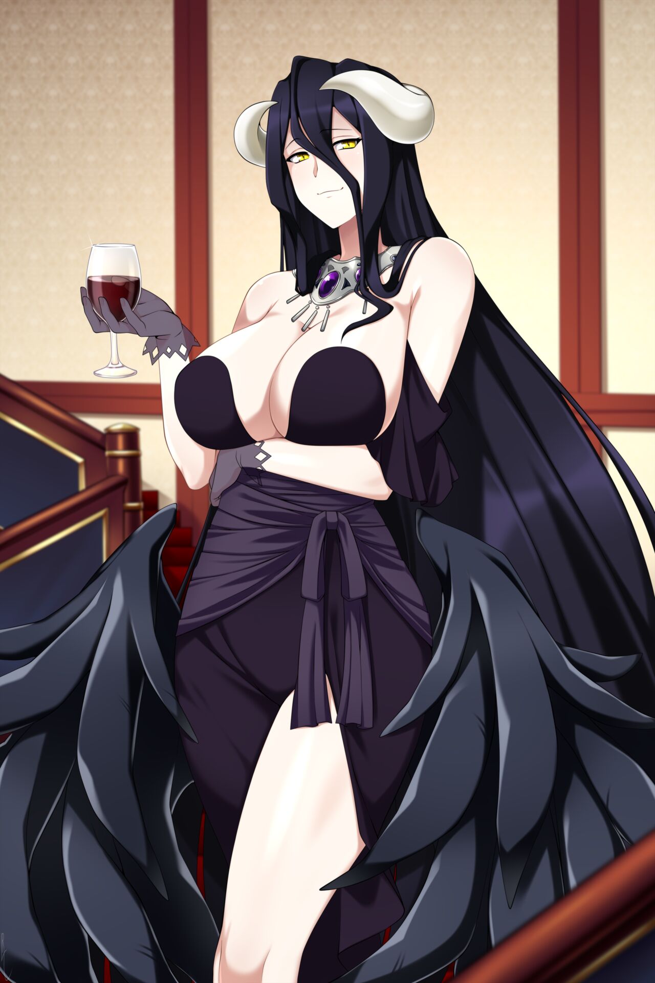 albedo (overlord), black dress, demon, feathered wings, female, horns, lindaroze, overlord (maruyama), succubus, succubus horns, succubus wings