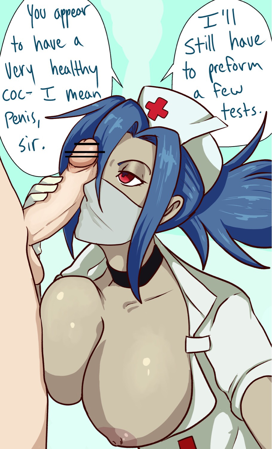 1boy, 1girls, english text, female, gloves, handjob, male, mask, masked, masked female, nurse, s0 underrated, skullgirls, text, valentine (skullgirls)