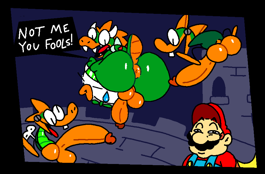 anthro anus ass balls big_balls big_butt big_penis bowser dialogue genitals group human koopa_clown_car looking_at_viewer machine male male_only mammal mario mario_(series) mechakoopa monster nintendo penis puffy_anus robot super_mario_world superiorfox video_games