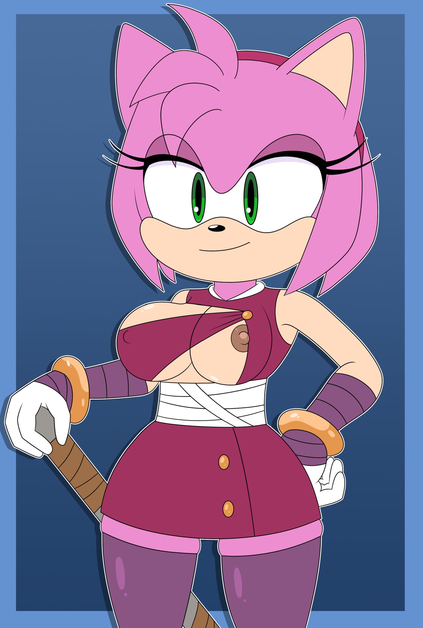 1girls, amy rose, amy rose (boom), anthro, big breasts, blakeynsfw, breasts, female, furry, green eyes, hedgehog, nipple bulge, one breast out, piko piko hammer, pink fur, sega, smile, solo, solo female, sonic (series), sonic boom, standing, tagme