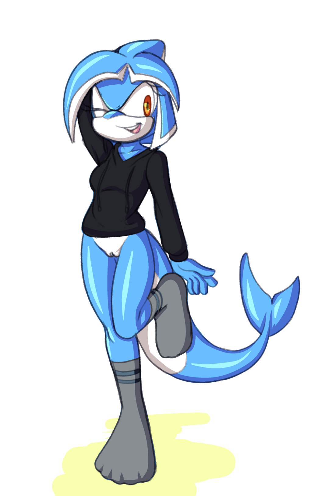 anthro bottomless bottomless_anthro bottomless_female cetacean clothed clothing delphinoid digital_media_(artwork) fan_character female fish_tail footwear fours_(artist) genitals hand_on_head hi_res mammal marine oceanic_dolphin one_eye_closed one_leg_up pussy raised_leg sega shirt simple_background smile socks solo sonic_(series) sonic_legacy sonic_the_hedgehog_(series) standing tempest_the_dolphin toothed_whale topwear