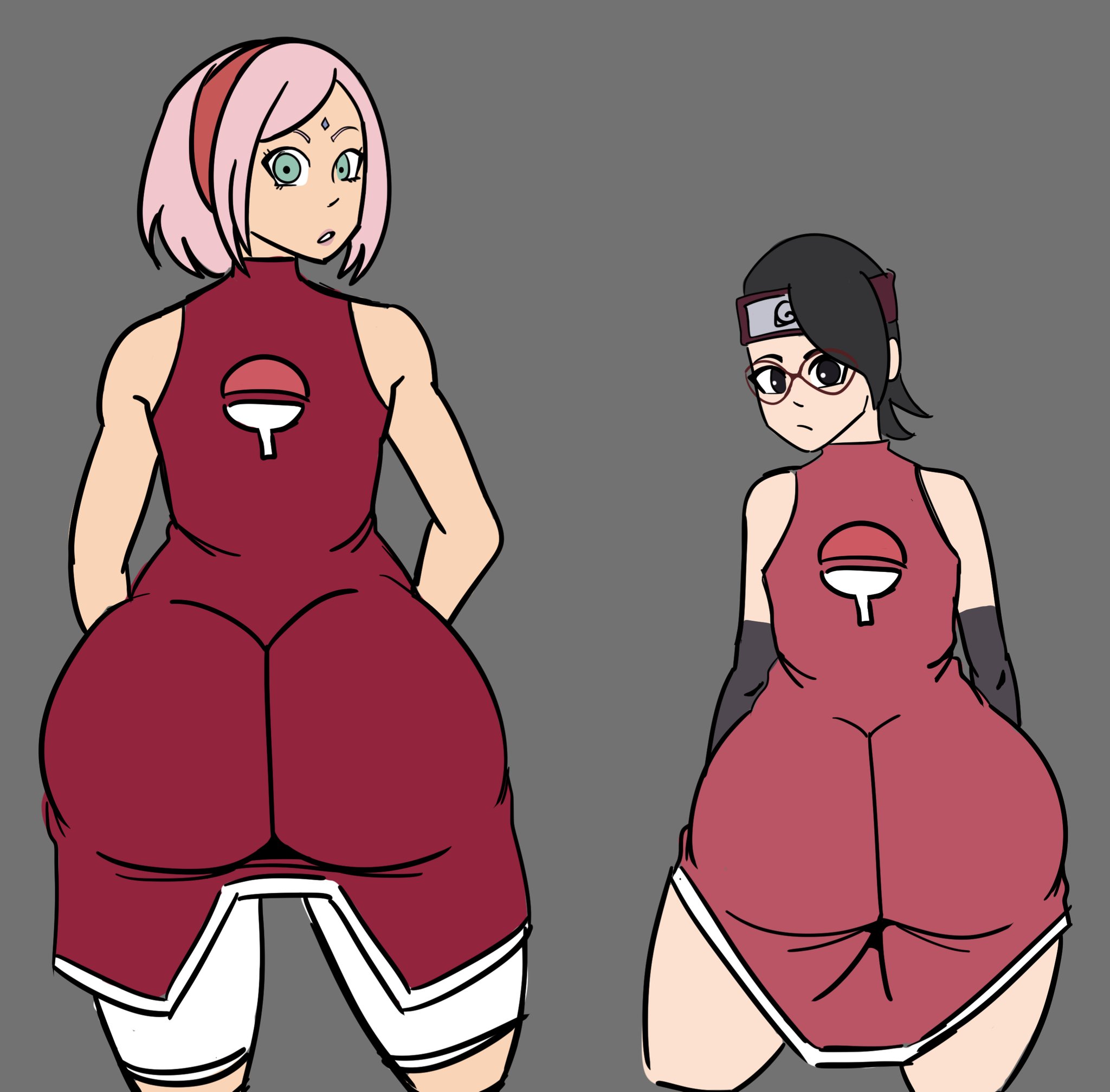 2girls, alternate ass size, ass, big ass, black hair, boruto: naruto next generations, bubble ass, bubble butt, clothing, daughter, female, female only, glasses, huge ass, looking at viewer, looking back, milf, mother, mother and daughter, naruto, naruto (series), pink hair, sakura haruno, sarada uchiha, thedomely, thick thighs, wide hips