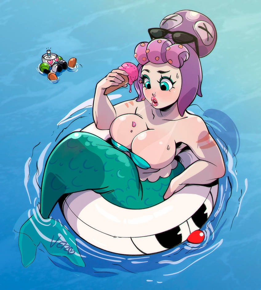 big_breasts cala_maria chubby cuphead cuphead_(game) cute eyewear_on_head giantess heart heart-shaped_pupils huge_breasts ice_cream large_breasts larger_female male mermaid mermaid_giantess mugman scar sunglasses sunglasses_on_head sweat theartofvero vero