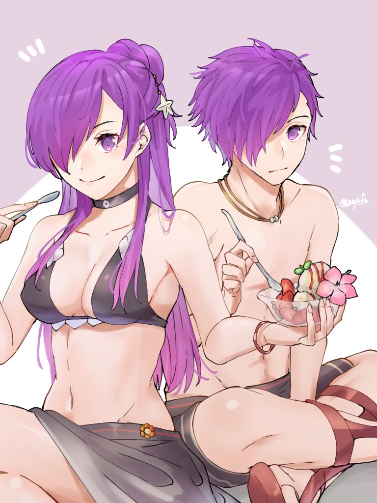 1boy 1girls abs alternate_costume bangs bikini black_bikini black_swimsuit breasts choker cleavage closed_mouth dual_persona female fire_emblem fire_emblem:_three_houses fire_emblem_warriors:_three_hopes food hair_bun hair_over_one_eye ice_cream large_breasts long_hair looking_at_viewer male medium_hair midriff navel nintendo purple_eyes purple_hair sakura_no_yoru sanoyo_fe shez_(female)_(fire_emblem) shez_(fire_emblem) shez_(male)_(fire_emblem) shorts simple_background single_hair_bun smile swimsuit thighs